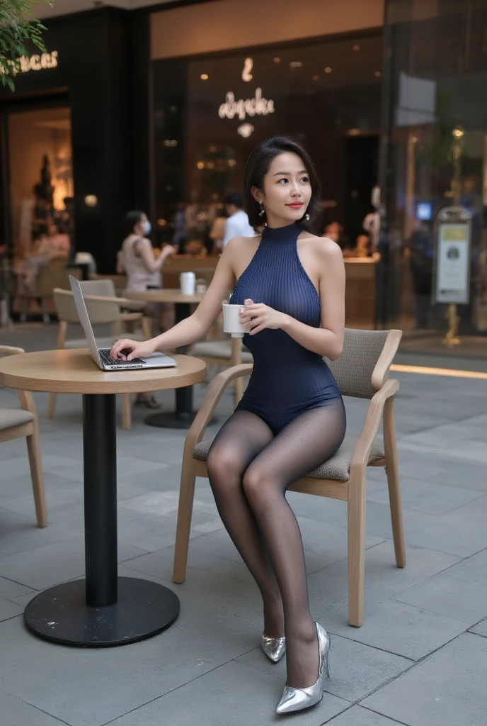 Character: 1girl,office lady,young beauty,short hair,asian,pretty,slim legs,sitting,legs_together,looking away. Clothing: halter dress, black shiny pantyhose, necklace,high heels. Scene: cafe,outdoors,cup,laptop. Atmosphere: cinematic_angle,from below,full body,bright,masterpiece,realistic,best quality,highly detailed,highres,plns,cem,Tutu Aurora 8D Pantyhose