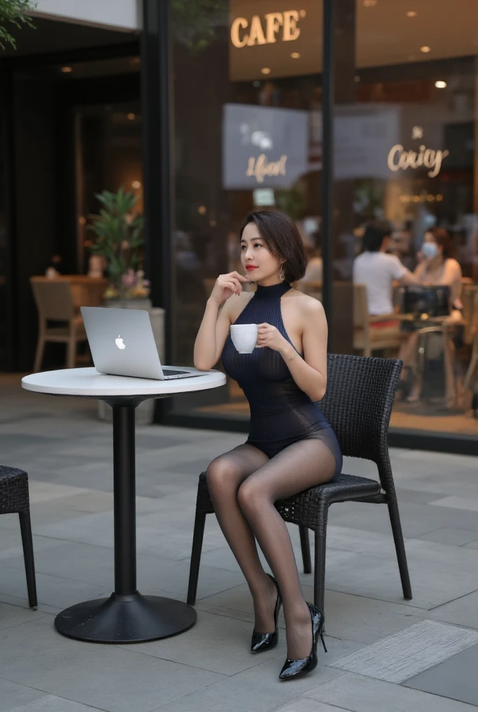 Character: 1girl,office lady,young beauty,short hair,asian,pretty,slim legs,sitting,legs_together,looking away. Clothing: halter dress, black shiny pantyhose, necklace,high heels. Scene: cafe,outdoors,cup,laptop. Atmosphere: cinematic_angle,from below,full body,bright,masterpiece,realistic,best quality,highly detailed,highres,plns,cem,Tutu Aurora 8D Pantyhose