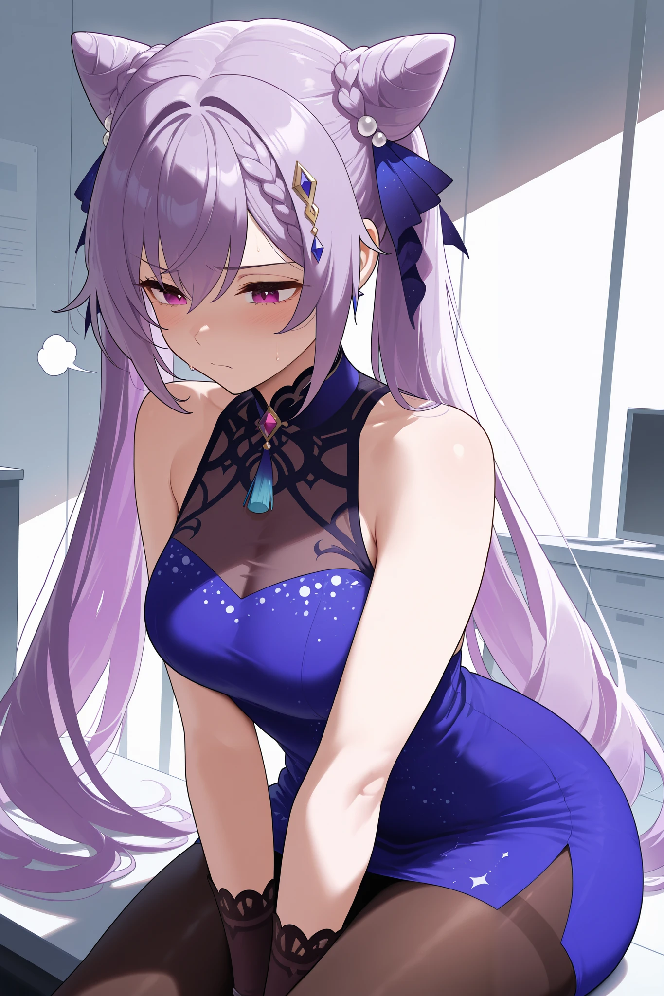 NSFW,masterpiece, top quality, high definition, very detailed,Keqing、 braids、コーンHair Bun、Hair Bun、 hair ornament、 Long Hair 、 purple eyes、 purple hair, Exposed Shoulders、 black pantyhose、Sleeveless、 dress、gloves,Office, tired face, exhaustion, I'm tired, sigh