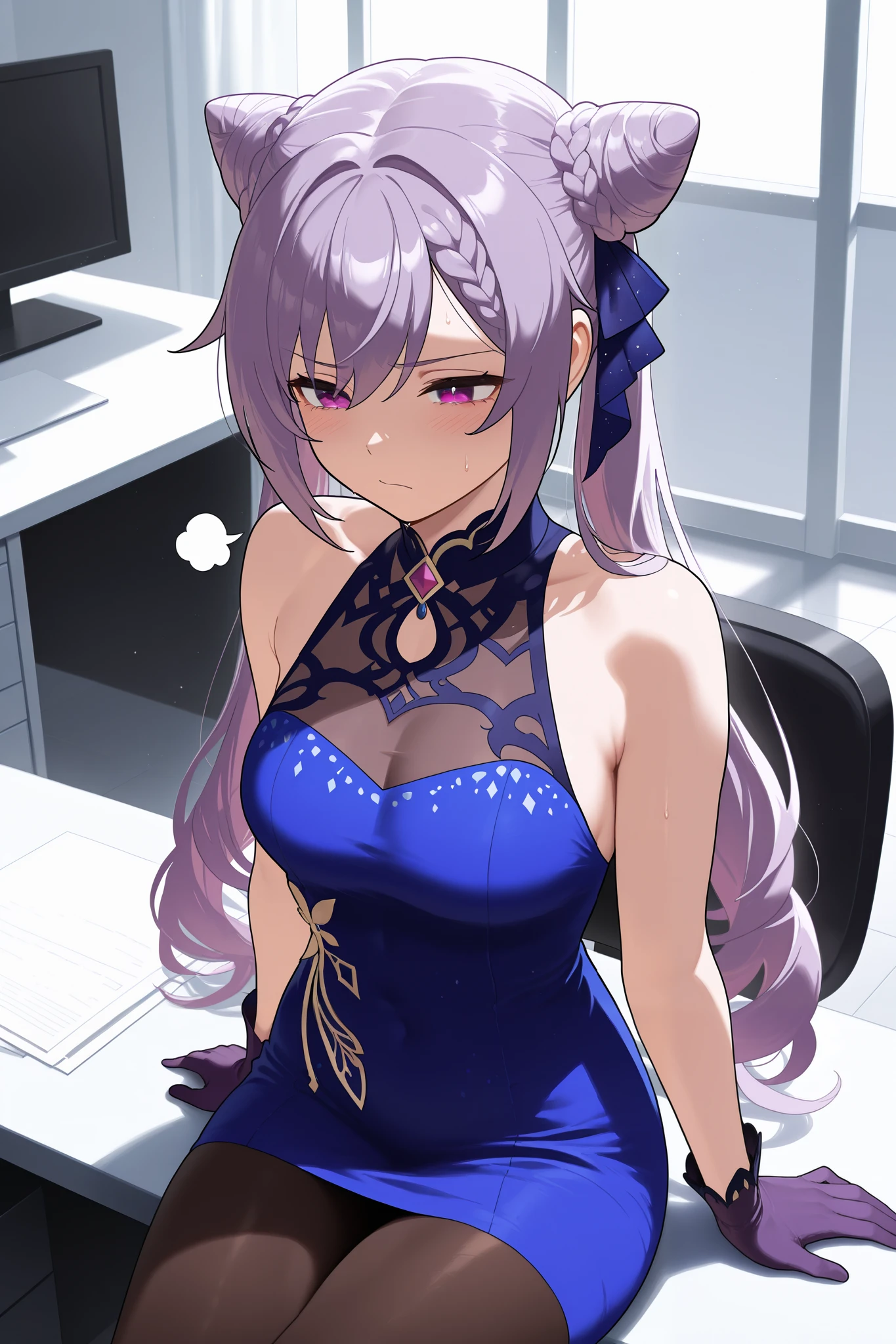 NSFW,masterpiece, top quality, high definition, very detailed,Keqing、 braids、コーンHair Bun、Hair Bun、 hair ornament、 Long Hair 、 purple eyes、 purple hair, Exposed Shoulders、 black pantyhose、Sleeveless、 dress、gloves,Office, tired face, exhaustion, I'm tired, sigh