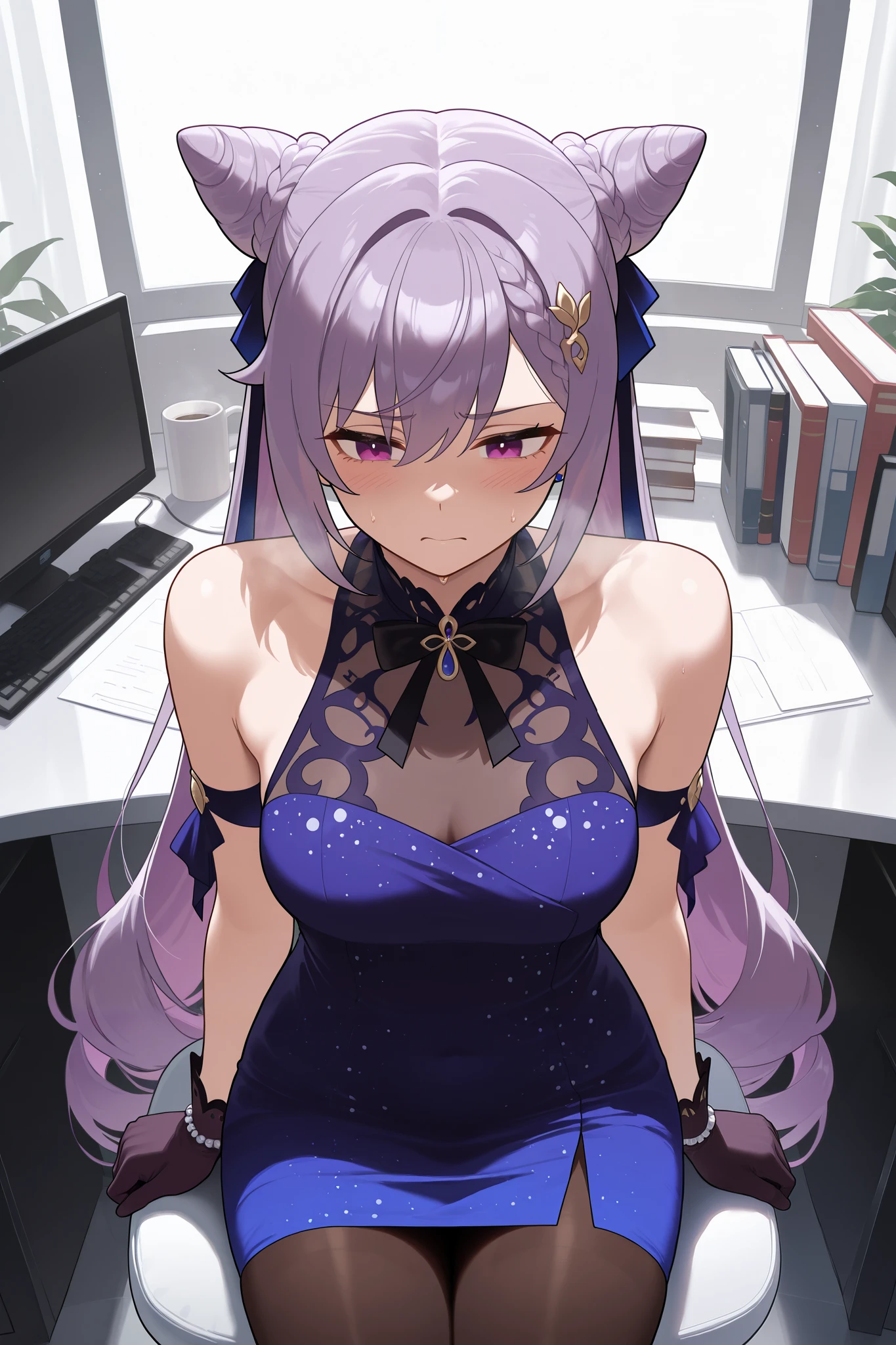 NSFW,masterpiece, top quality, high definition, very detailed,Keqing、 braids、コーンHair Bun、Hair Bun、 hair ornament、 Long Hair 、 purple eyes、 purple hair, Exposed Shoulders、 black pantyhose、Sleeveless、 dress、gloves,Office, tired face, exhaustion, I'm tired, sigh