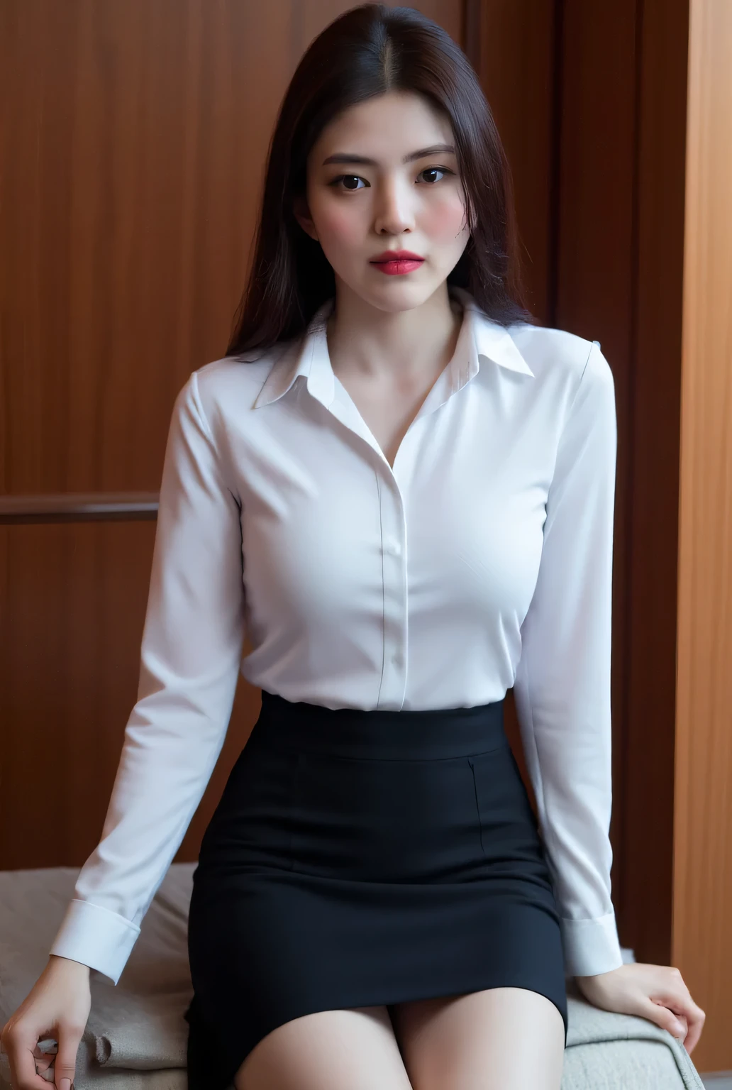 of a 25 year old woman, sitting facing forward, using a strict formal suit of black, white formal shirt, Underwear a strict formal skirt of black , dark red lips , very detailed image quality , smiling beautiful