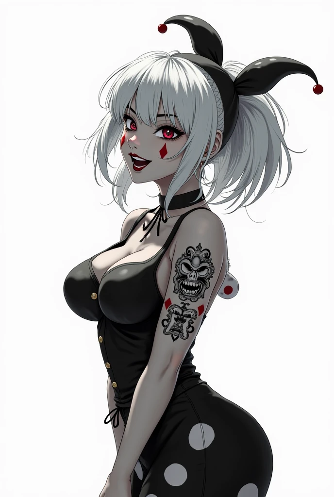 lineart, beautiful demonic woman, sexy, white long hair,big fangs, horns, <lora:naked_overalls_v1:1> naked overalls