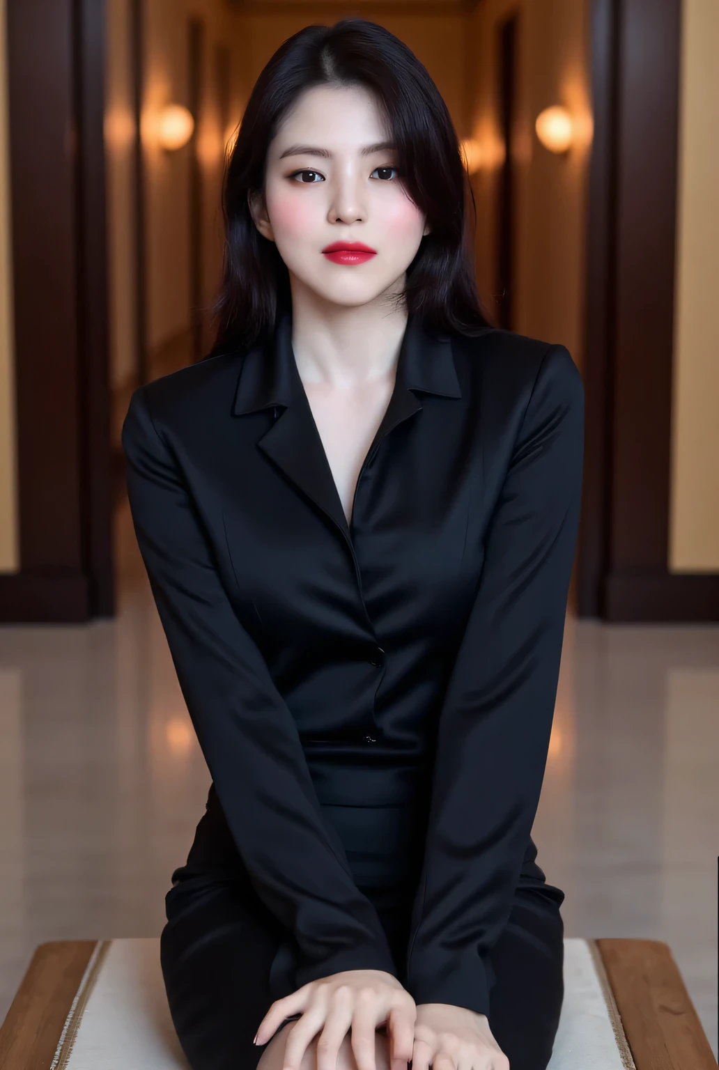  of a 25 year old woman, sitting facing forward,  use black formal shirts, black formal skirt bottoms ,  dark red lips ,  very detailed image quality , smiling beautiful 