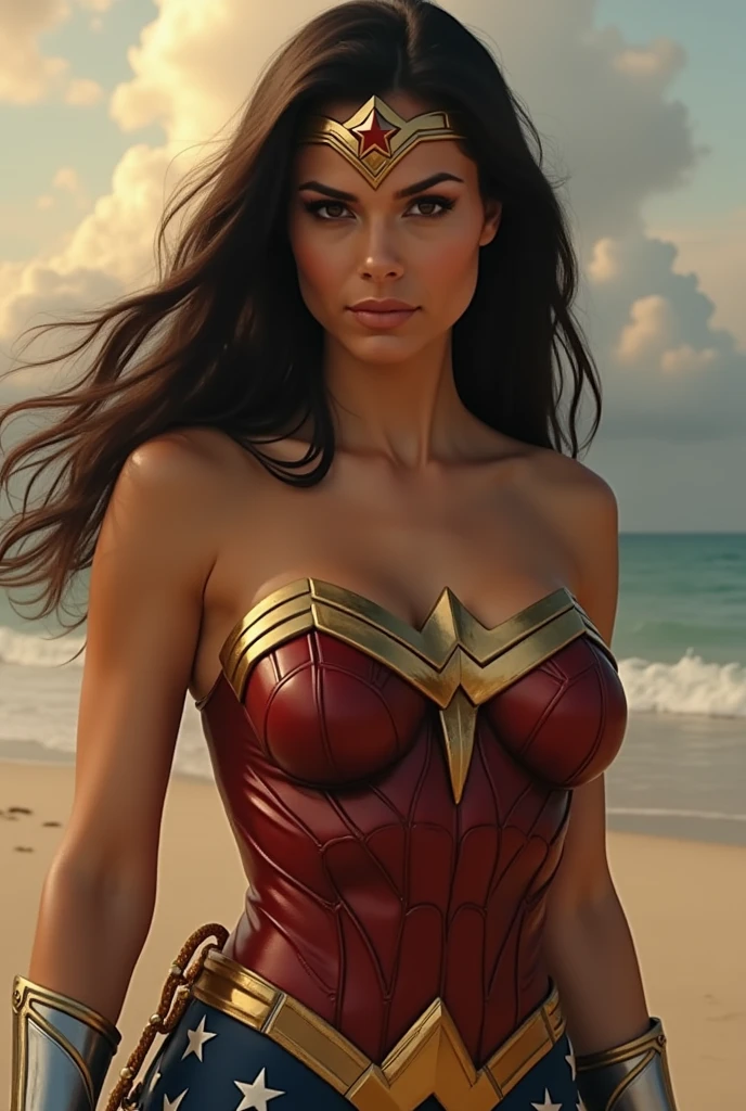Realistic Art Style, Natural Beauty, Masterpiece, Full Body View Visible, Hailee Steinfeld, Perfectly Accurate Face Proportion,Realistic Light Hazel Brown Eyes, Thick Eyebrows, Brown hair, slim toned Thighs, tight ass, perky round breast , slim athletic body type, perfect body type, seductive smile, wonder woman