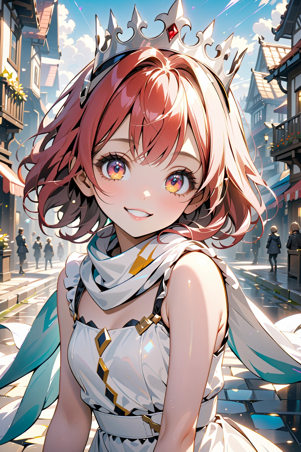 solo girl, late , pretty face, (red short hair, big eyes), (white crown, scarf, white leather dress), evil grin, shiny skin, small breasts, (masterpiece, ultra detailed, top quality), anime, medium shot, fantasy town.