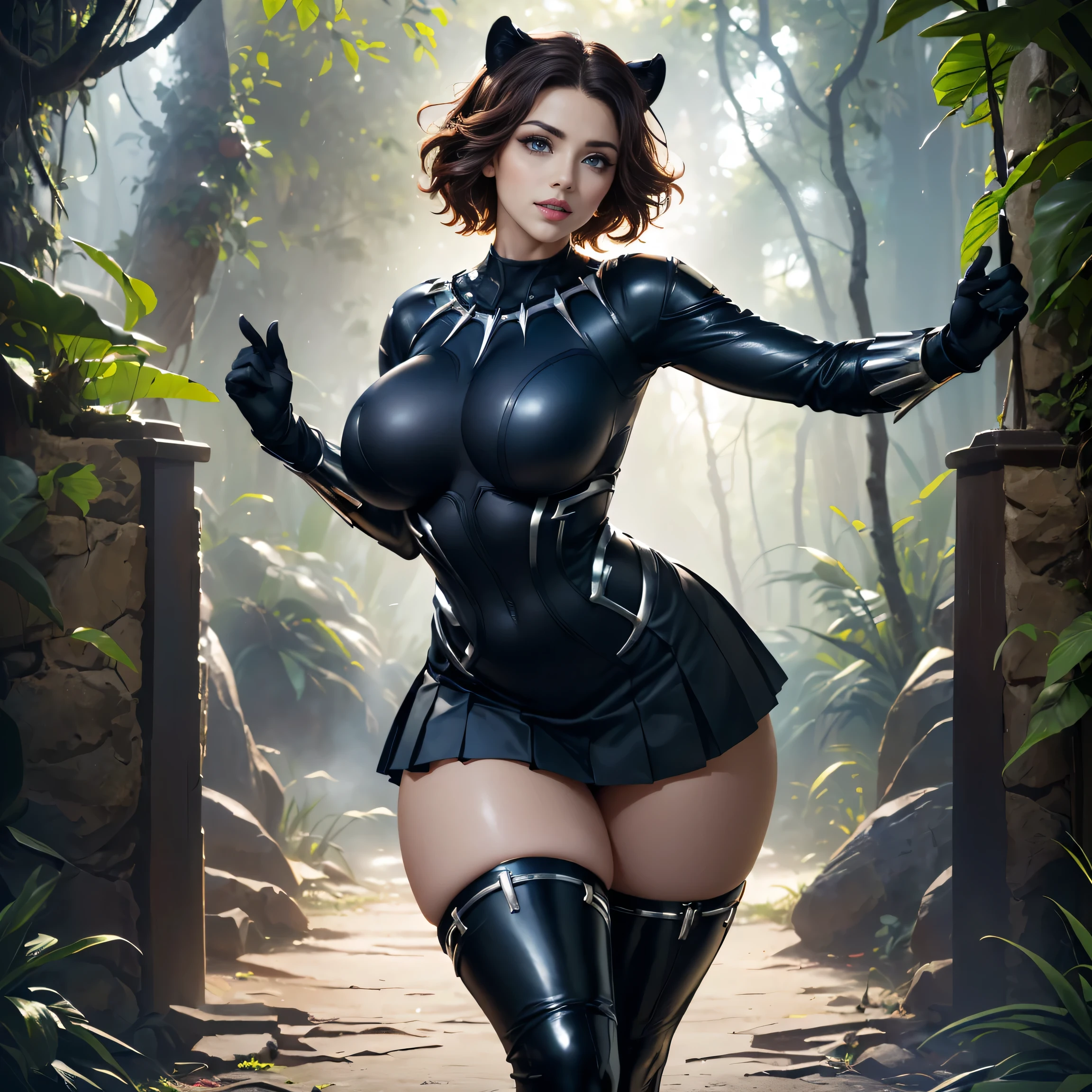 Lucy Pinder, bobcut, big tits, glowing skin, horns, piercings on nipples, succubus, devil, brown leather bondage, in the woods, on her knees