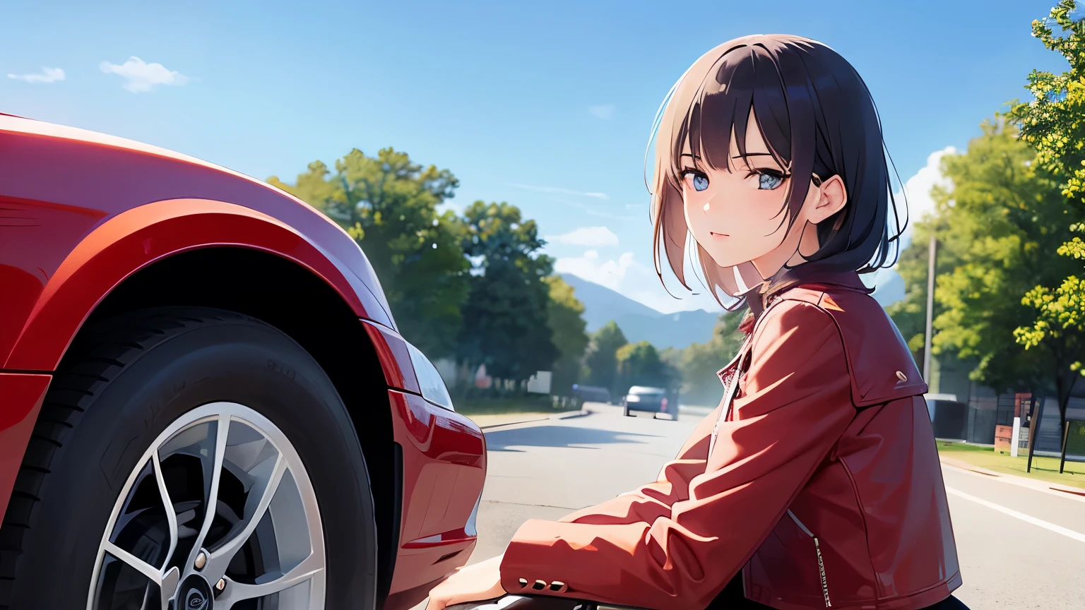Scene: Young woman leaning against red sports car, view from below; Character: Woman with pastel red medium length hair sitting in comfortable pose, leather jacket shorts; Background: Outdoor parking lot with blue nature and sunlight casting soft shadows, open sky; Vehicle: Red sports car with black accents on hood, slightly worn but realistic texture; Style: Japanese anime style with watercolor-like shading and detailed line work; Detailed facial expressions; Mood: Calm, nostalgic, peaceful, thoughtful.