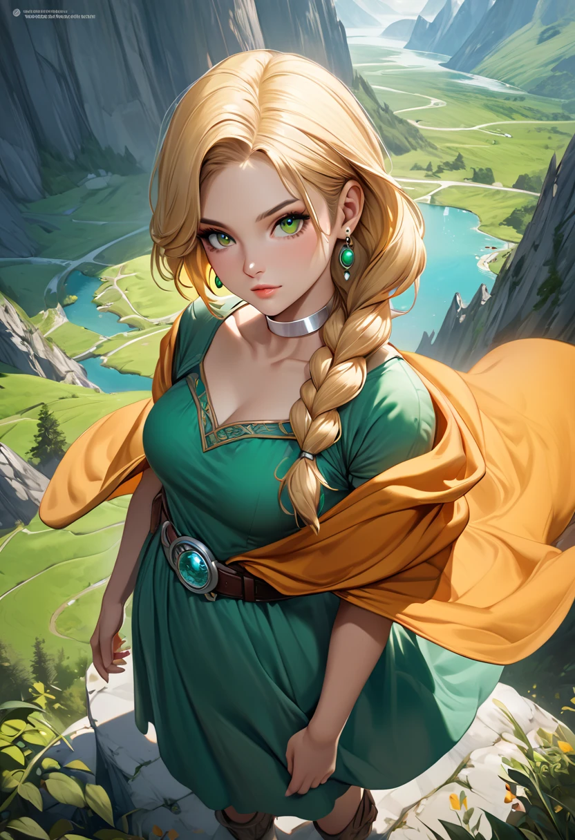 ultra-realism, illustrative realism, Epic fantasy art with magical creatures and lush landscapes, 1girl, solo, dqBianca, single braid, hair over shoulder, earrings, silver choker, orange cape, green dress, belt, from above, cowboy shot, looking at viewer, Blonde hair