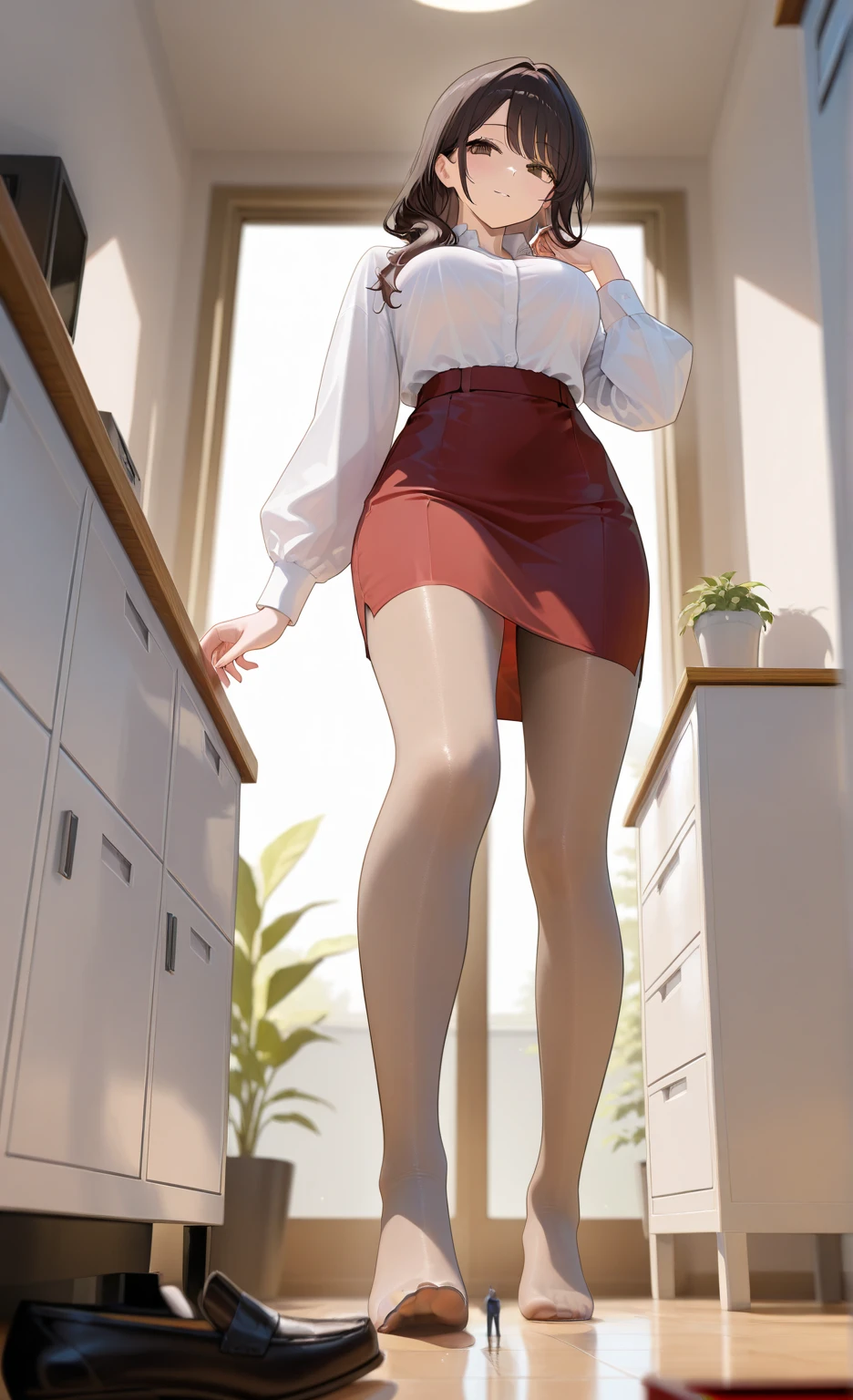 masterpiece, best quality, amazing quality, very aesthetic, high resolution, ultra-detailed, absurdres, newest, scenery, lady, mature, beautiful woman, dark hair, long hair, bangs, brown eyes, shiny eyes, detailed face, detailed eyes, cute eyes, medium breast, white satin shirt, red pencil skirt, red skirt, beige pantyhose, sheer pantyhose, nice expression, giantess, feet, view from below, low angle view, bedroom, detailed background, diffused sunlight, depth of field, BREAK, detailed skin, masterpiece, best quality, amazing quality, very aesthetic, high resolution, ultra-detailed, delicate, absurdres, newest, scenery, depth of field, volumetric lighting, intense colours, high saturation, vibrant colours