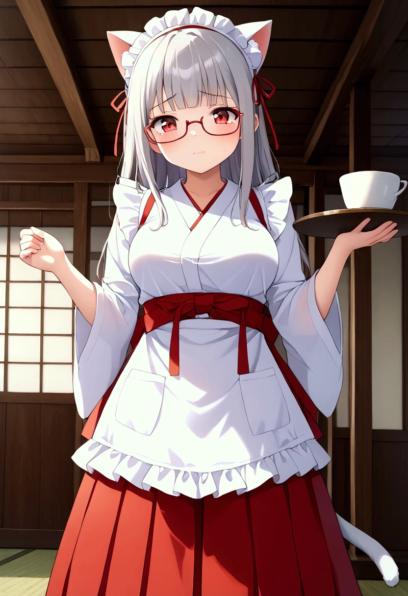 1 person、Lori、(:1.1)、Petite、Big Breasts、 princess cut、 Long Hair 、(Gray Hair:1.2)、 red eyes、Cat ears、Cat tail、White cat、Shrine maiden、(Shrine maiden服:1.2)、 White Kimono 、(White Knee Highs:1.3)、(Shrine maiden服の上に白いエプロンドレス:1.1)、White Prim、( hakama short skirt:1.2)、Glasses、 miko,red hakama、 hakama short skirt、Crying face、 BREAK masterpiece、 beautiful attention to detail:1.2,  perfect lighting, (  Perfect Hand ,  perfect anatomy:1.1)、field、shrine、wa maid, maid, maid headdress, apron, white apron, frilled apron, maid apron,  kimono, japanese clothes, frilled  kimono, holding tray, tray, amulet