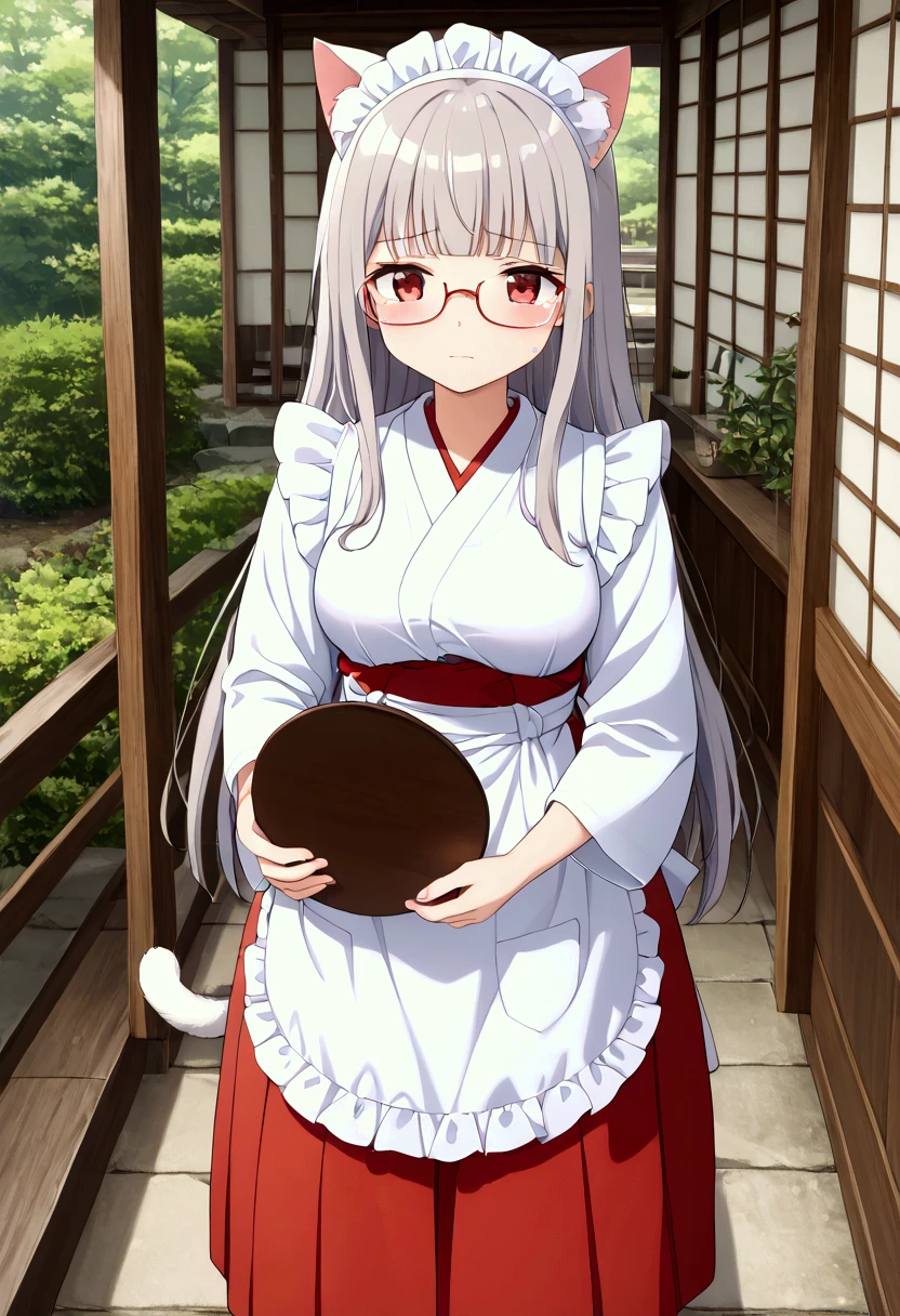 1 person、Lori、(:1.1)、Petite、Big Breasts、 princess cut、 Long Hair 、(Gray Hair:1.2)、 red eyes、Cat ears、Cat tail、White cat、Shrine maiden、(Shrine maiden服:1.2)、 White Kimono 、(White Knee Highs:1.3)、(Shrine maiden服の上に白いエプロンドレス:1.1)、White Prim、( hakama short skirt:1.2)、Glasses、 miko,red hakama、 hakama short skirt、Crying face、 BREAK masterpiece、 beautiful attention to detail:1.2,  perfect lighting, (  Perfect Hand ,  perfect anatomy:1.1)、field、shrine、wa maid, maid, maid headdress, apron, white apron, frilled apron, maid apron,  kimono, japanese clothes, frilled  kimono, holding tray, tray, amulet