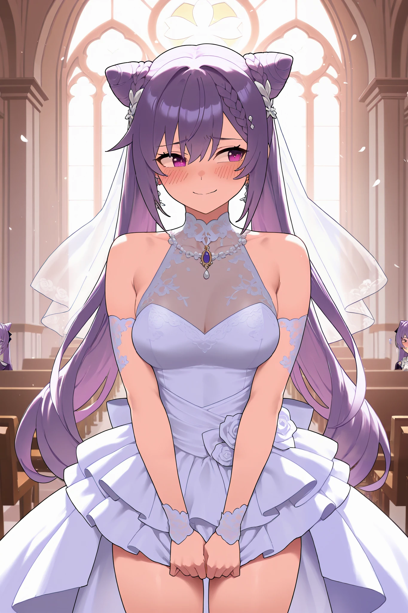 NSFW,masterpiece, top quality, high definition, very detailed,Keqing、 braids、コーンHair Bun、Hair Bun、 hair ornament、 Long Hair 、 purple eyes、 purple hair, wedding dress, miniskirt ,church,Embarrassed,smile