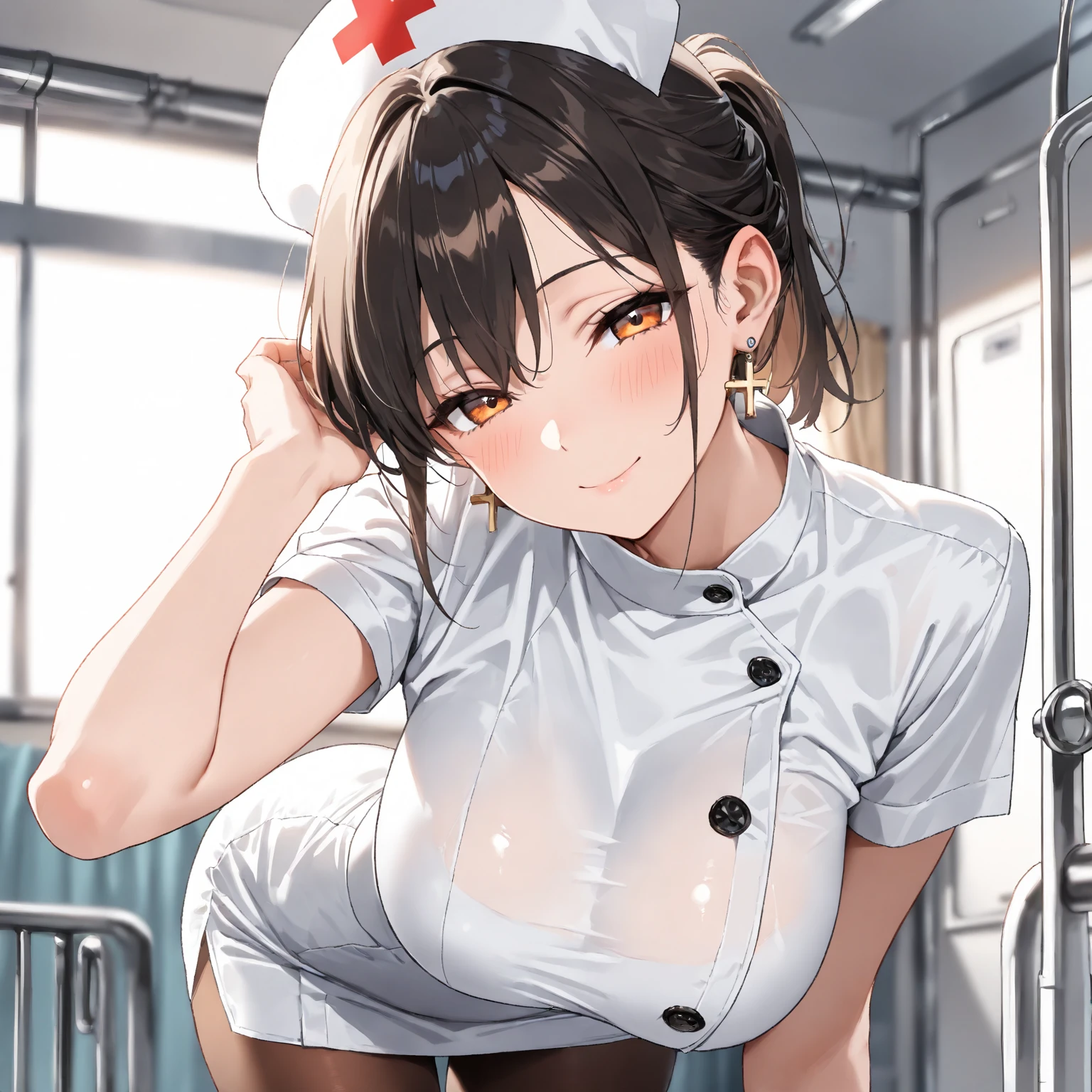 nurse costume, hair tucking, head tilt, very cute face, cute girl, solo, short hair, ponytail hair, Black hair with brown ends, orange eyes, large breasts, cross Pierced earrings, brown tights, blush, flawless smooth skin, looking at viewer, A smile like a goddess, half closed eyes, standing, bent over, indoors, hospital, (best quality,4k,8k,highres,masterpiece:1.2),ultra-detailed,intricate details, high fashion, dramatic lighting, warm colors, chiaroscuro