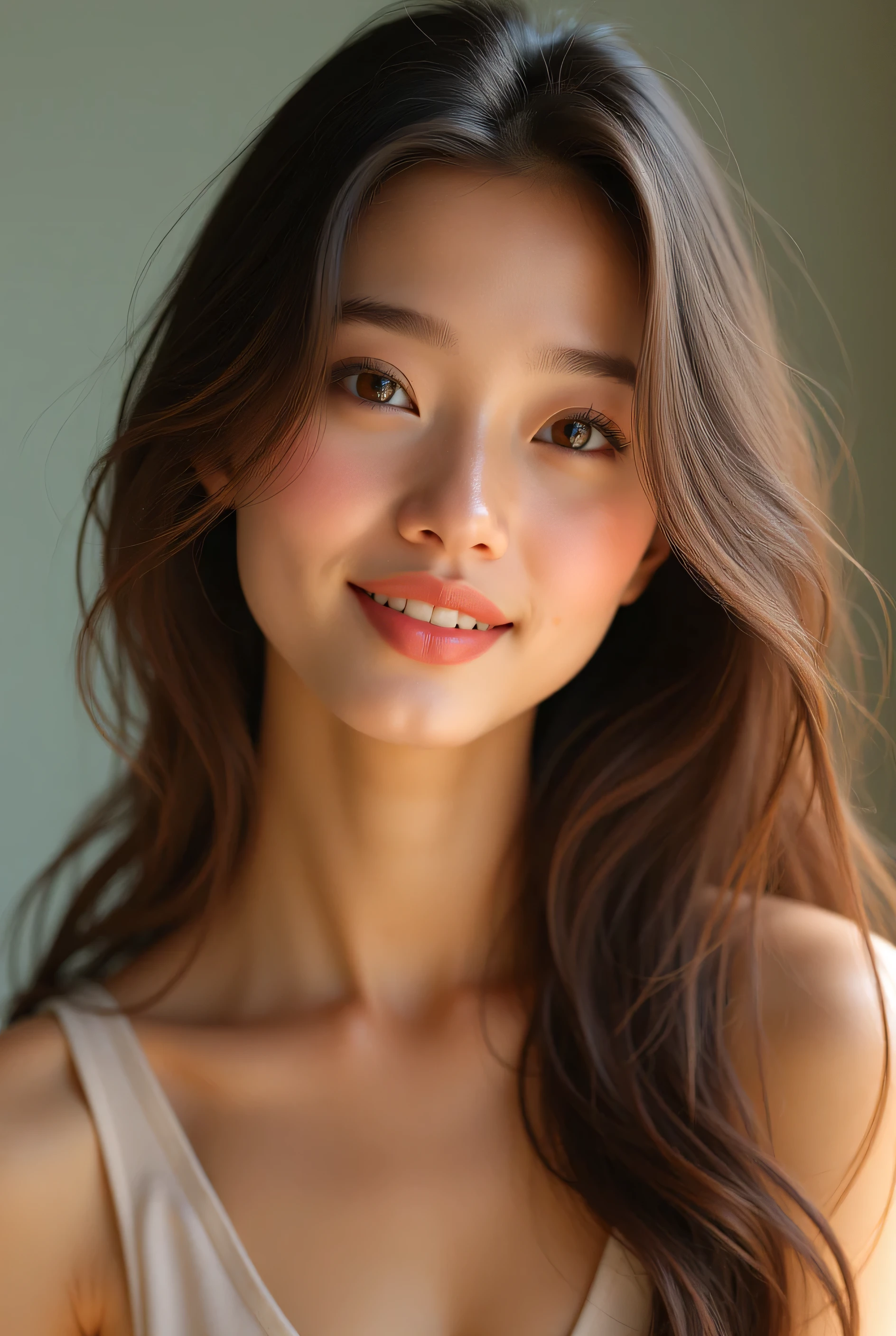 highest quality, masterpiece, ultra high resolution, (realistic:1.5), (close portrait) RAW photo, 1 girl, 22 years ago,super close up of face,Face in the mirror,super close-up photo,just out of the bath,facial moisturizing cream,Are you okay, beautiful skin,transparent skin,(smile),((smile showing teeth))masterpiece, realistic pictures, japanese pictures, saturation, contrast, long hair