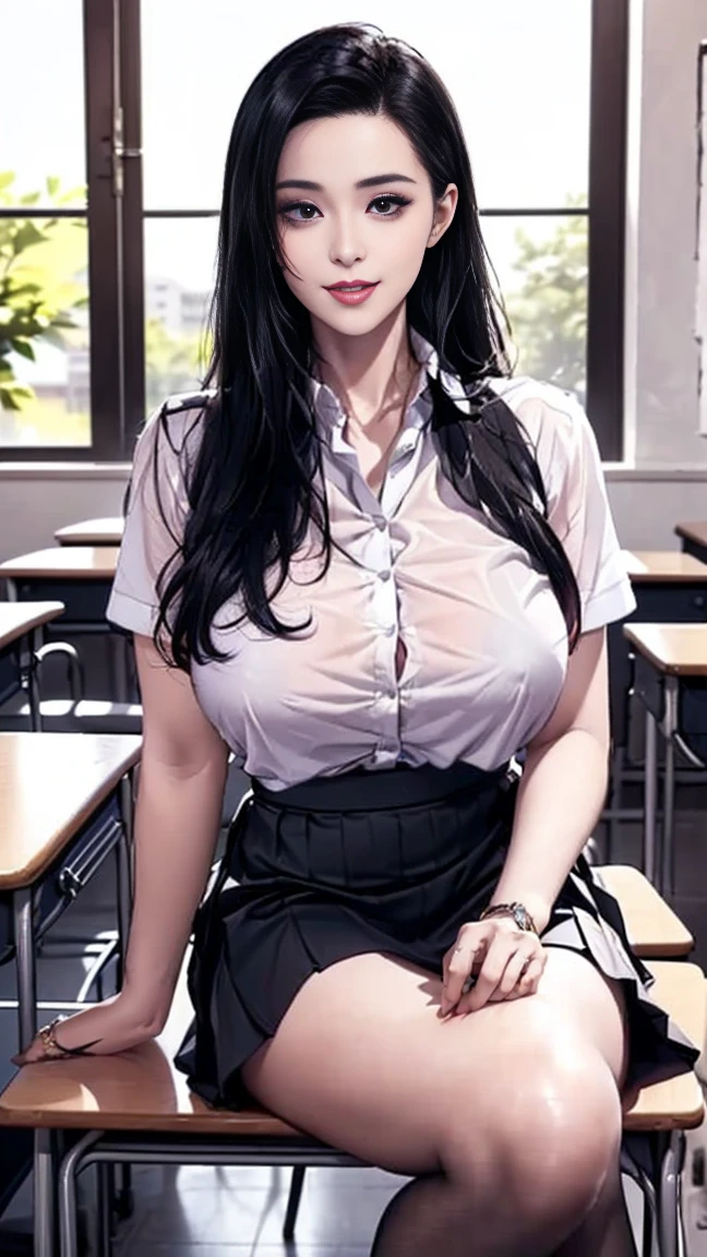 bayonetta, (shirt, pleated skirt:1.2), sunset classroom of school, fluttering hair, ponytail, long wavy hair, long curl hair, huge tit, (abdominal muscle:1.2), long eyelashes, eyeshadow, blush, gentle smile, arms behind head, spread legs, upper body from below