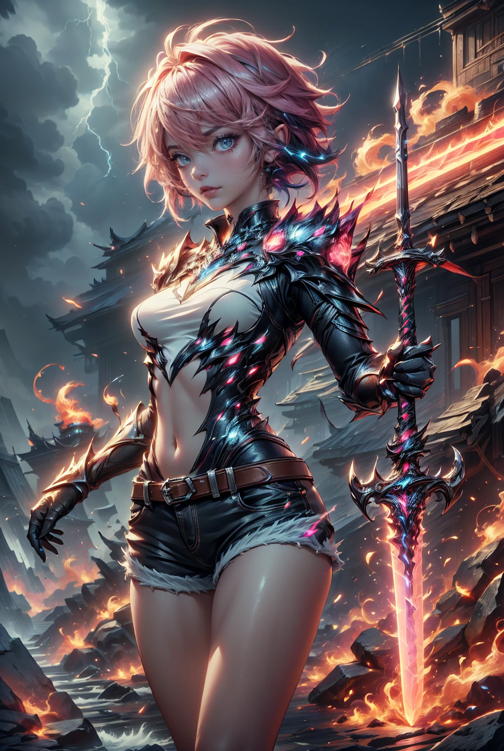 (master piece),(high resolution),(8k),(high detail),(high quality),(super detail),
1girl,solo,cool,(((pink short hair,blue eyes))), Fluttering heart,
holding a sword,(((lightning sword))),magical sword,
dynamic pose,battle scene,thunder,spark, illusion effect,fantastic,elemental,fire,flame sword,