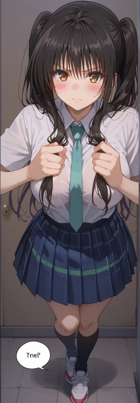 To Love Ru, Otegawa Yui, Furukawa Yui、 black hair、 Long Hair、Tsundere, score_9, score_8_up, score_7_up, source_anime, masterpiece,best quality, huge breasts, gyaru, 1girl, solo, skirt, black_hair, long_hair, twintails, necktie, blush, socks, looking_at_viewer, pleated_skirt, school_uniform, shirt, shoes, blue_skirt, black_socks, bangs, holding_hair, standing, closed_mouth, white_shirt, brown_eyes, blue_necktie, sneakers, full_body, breasts, holding, kneehighs