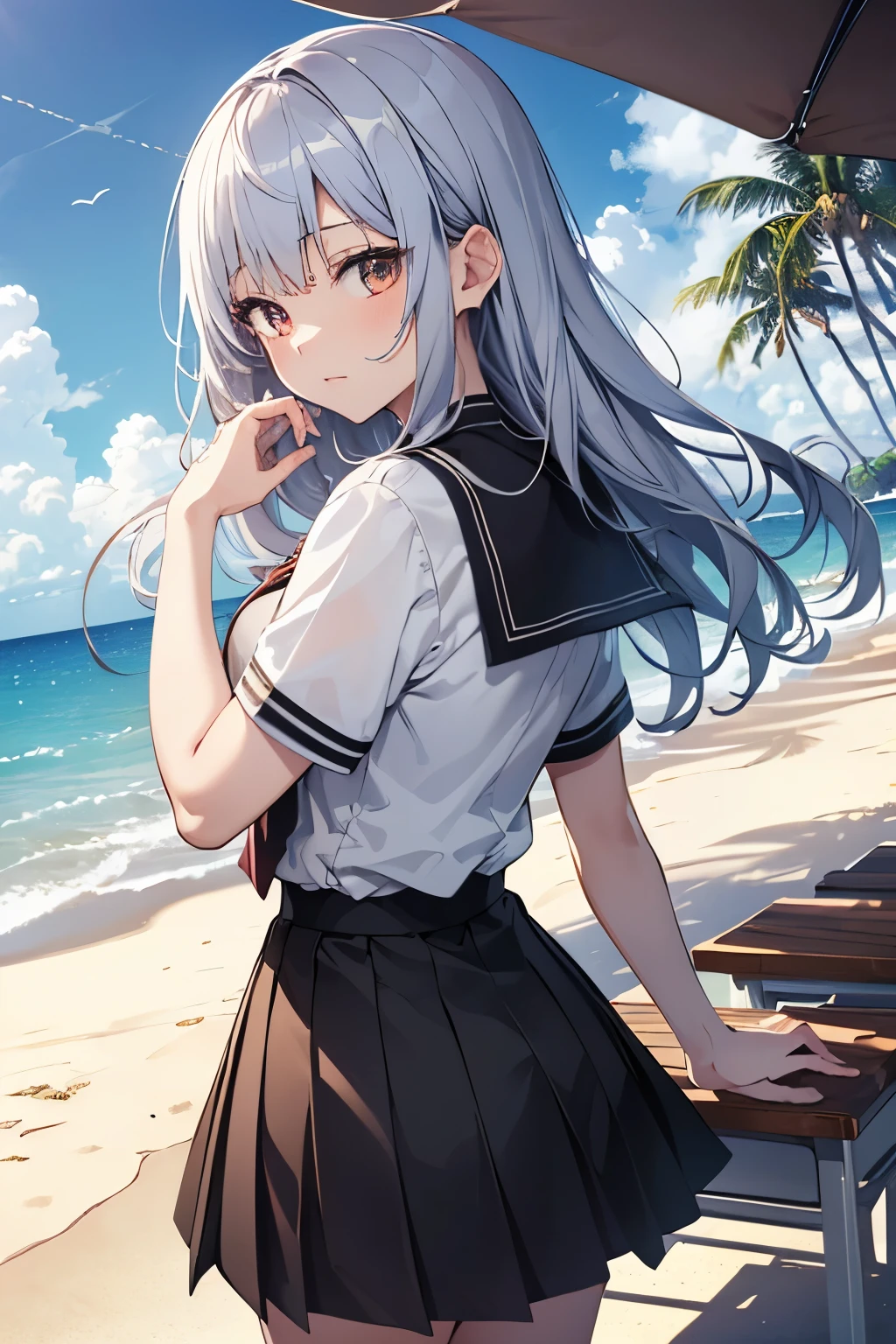 absurderes, hight resolution, (Anime style:1.1), ((masutepiece)), ((Best Quality)), (Ultra-detailed), (Beautiful), solo, Beautiful face、(liftup),Cute standing on the street in Mediterranean port city,Wind,of shiny pale black hair, Colorful eyes,Cute summer casual clothes,Blue sky,Closed eyes,Looking at Viewer,Lens Flare,Dramatic, Coastal、(The skirt flutters in the wind:1.3)、A smile