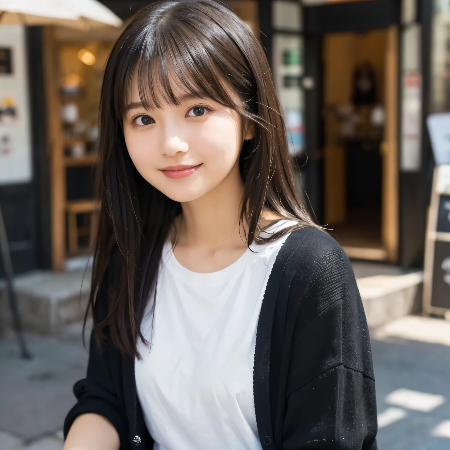  black cardigan,  white t-shirt , Street corner in the early afternoon ,  Blurred exterior of a cafe or shop ,  Warm Sunlight ,  close-up of a face from the front ,  natural smile ,  A calm, friendly, natural atmosphere,  girl, busty,  black hair,  straight hair,  with bangs, 's greatest masterpiece,  professional lighting