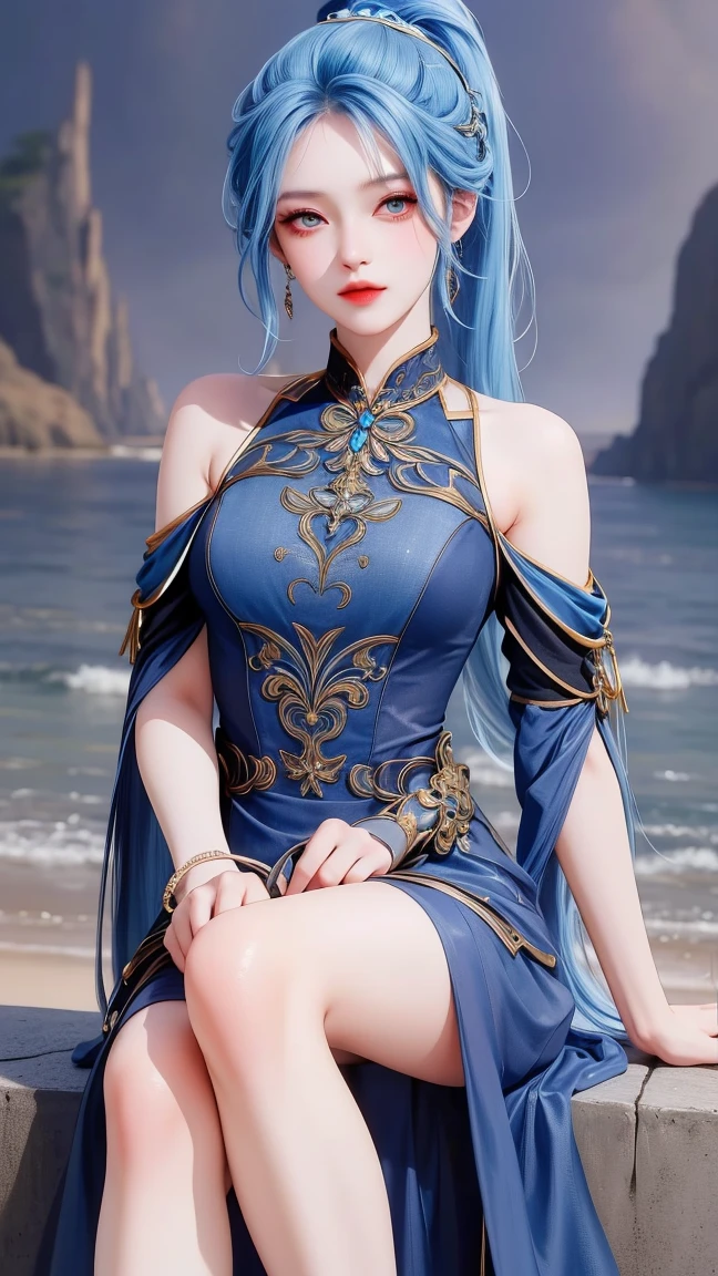 (masterpiece),(best quality:1.5),8k,absurdres,highres,
Xiaobai,1girl,solo, (short dress:1.3),breasts,closed mouth,(looking at viewer:1.5),long dress,pale skin,(side slit:1.2),
(sparkle:1.2),(glitter:1.1),(sunlight:1.2),slim legs,high heels,wind lift,water,beach, (upper body:1.5), (sitting:1.5), (Bare shoulders:1.3), long hair,
blue eyes,
hair ornaments,
(blue hair),
upper body,
ponytail, braid, steel, lips,(Dark blue dress),