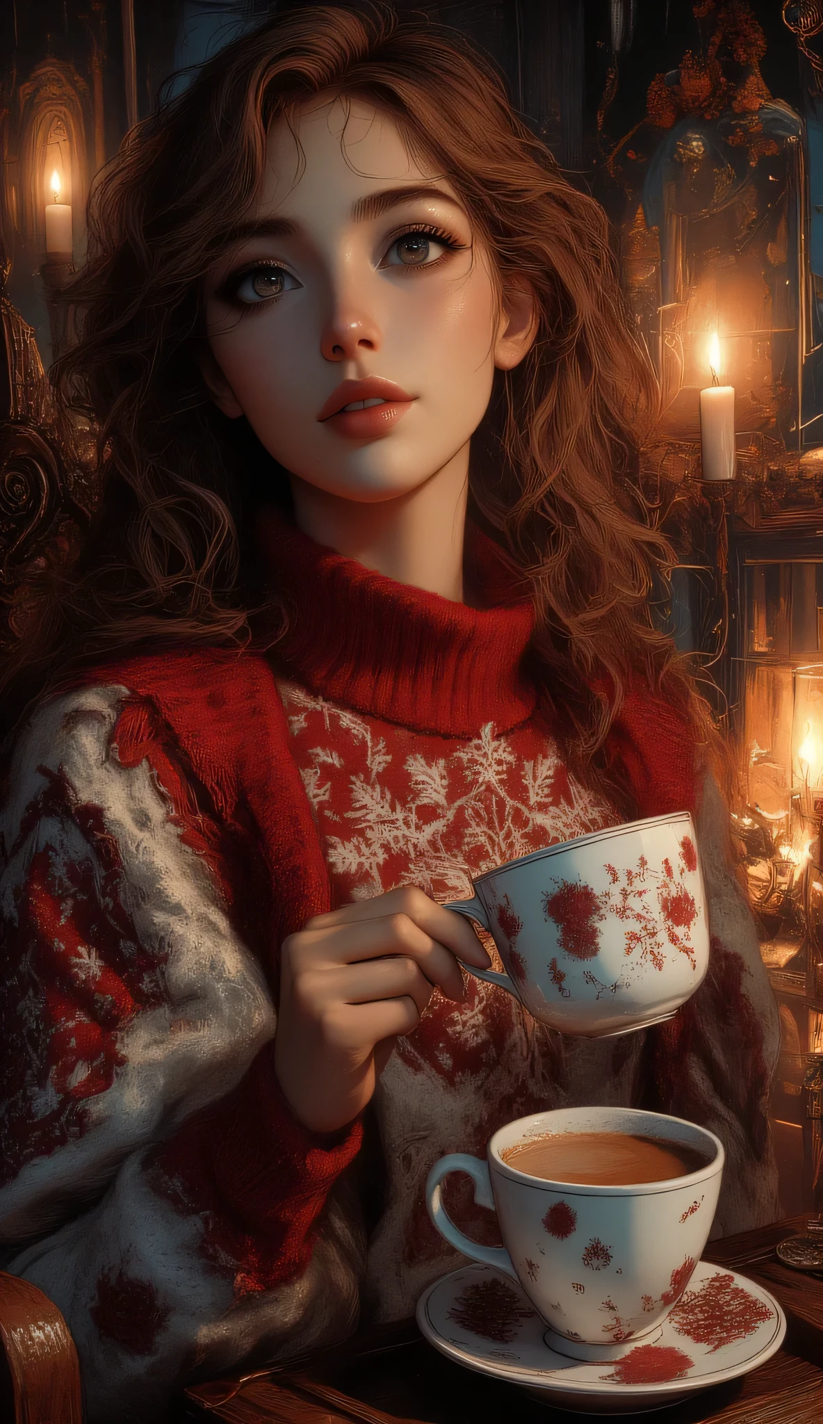 A beautiful woman with beautiful eyes:1.2, detailed eyes, beautiful full lips, highly detailed eyes and faces, long eyelashes, cute expression, smile, sitting:1.4, holding a cup of hot latte, homely background, Christmas sweater, fireplace, warm light, detailed lighting and shadows, anime style, 8k, Hi-Res, masterpiece:1.4, bright colors,