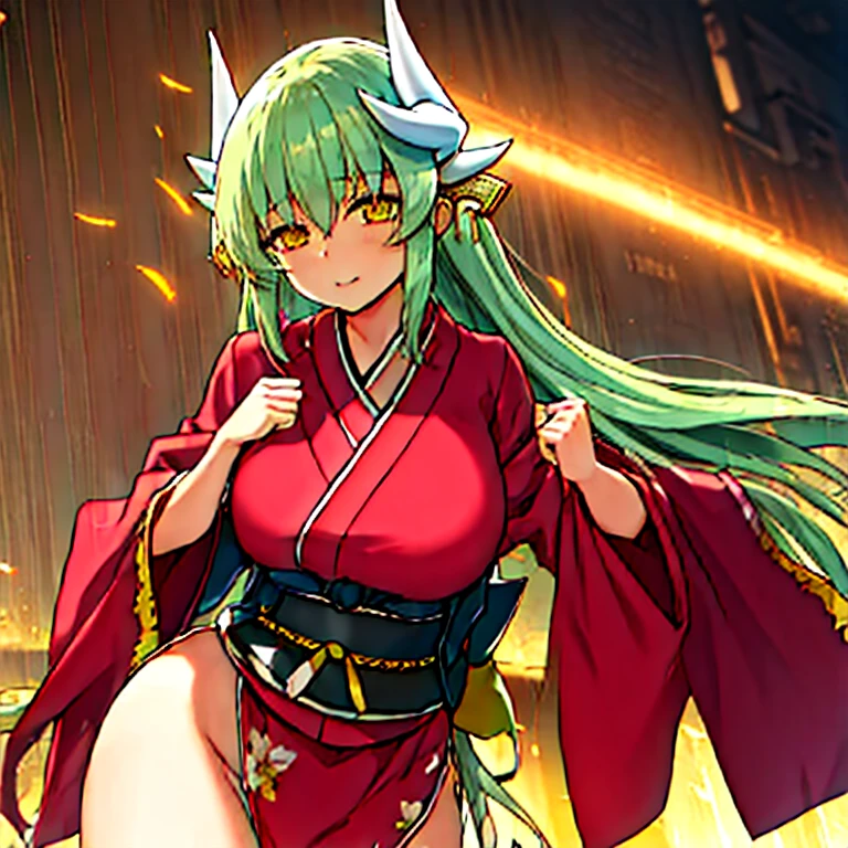 Fate/Grand order, kiyohime, long green hairs, yellow eyes,wears kimono,big breasts,shortstuck, ((highest quality)), ((masterpiece)), (detailed), Perfect Face,Gigantic breasts,white horns, top quality, ultra detail, Photorealistic : 1.39) masterpiece, top quality,short hight, loli, cute, anime cartoon, sexy,overwhelming breasts 