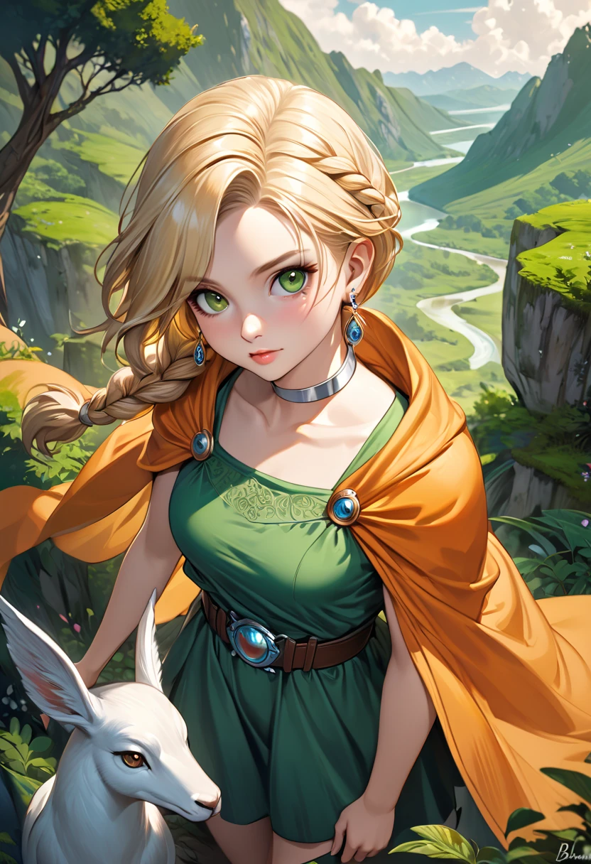 ultra-realism, illustrative realism, Epic fantasy art with magical creatures and lush landscapes, A character with a cute face in anime style, 1girl, solo, dqBianca, single braid, hair over shoulder, earrings, silver choker, orange cape, green dress, belt, from above, cowboy shot, looking at viewer, blonde hair, 