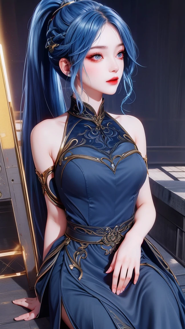 (masterpiece),(best quality:1.5),8k,absurdres,highres,
Xiaobai,1girl,solo, (short dress:1.3),breasts,closed mouth,(looking at viewer:1.5),long dress,pale skin,(side slit:1.2),
(sparkle:1.2),(glitter:1.1),(sunlight:1.2),slim legs,high heels,wind lift, (upper body:1.5), (sitting:1.5), (Bare shoulders:1.3), long hair,
blue eyes,
hair ornaments,
(blue hair),
upper body,
ponytail, braid, steel, lips,(Dark blue dress:1.3),