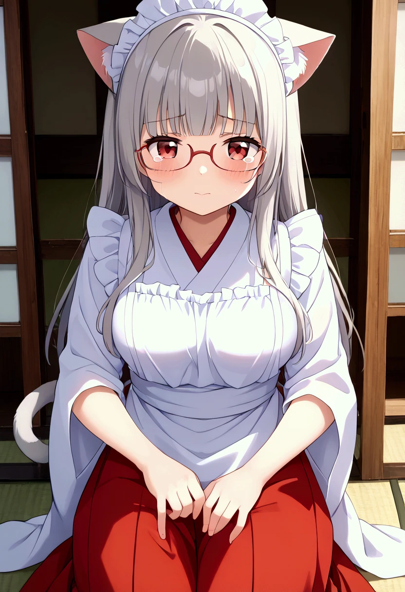 1 person、Lori、(:1.1)、Petite、Big Breasts、 princess cut、 Long Hair 、(Gray Hair:1.2)、 red eyes、Cat ears、Cat tail、White cat、Shrine maiden、(Shrine maiden服:1.2)、 White Kimono 、(White Knee Highs:1.3)、(Shrine maiden服の上に白いエプロンドレス:1.1)、White Prim、( hakama short skirt:1.2)、Glasses、 miko,red hakama、 hakama short skirt、Crying face、 BREAK masterpiece、 beautiful attention to detail:1.2,  perfect lighting, (  Perfect Hand ,  perfect anatomy:1.1)、field、shrine、wa maid, maid, maid headdress, apron, white apron, frilled apron, maid apron,  kimono, japanese clothes, frilled  kimono、 skirt lift 