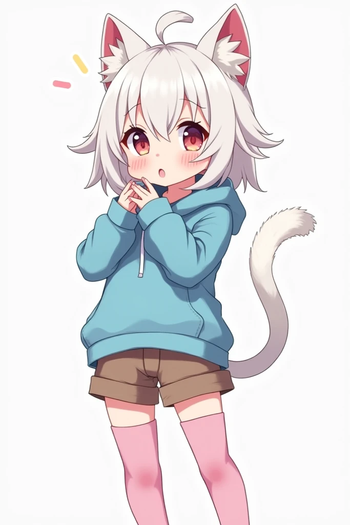 She wears a grey hoodie over black tights。She has a hoodie on and the hoodie has cat ears on it
