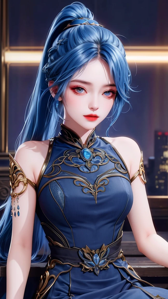 (masterpiece),(best quality:1.5),8k,absurdres,highres,
Xiaobai,1girl,solo, (short dress:1.3),breasts,closed mouth,(looking at viewer:1.5),long dress,pale skin,(side slit:1.2),
(sparkle:1.2),(glitter:1.1),(sunlight:1.2),slim legs,high heels,wind lift, (upper body:1.5), (sitting:1.5), (Bare shoulders:1.3), long hair,
blue eyes,
hair ornaments,
(blue hair),
upper body,
ponytail, braid, steel, lips,(Dark blue dress:1.3), armor,