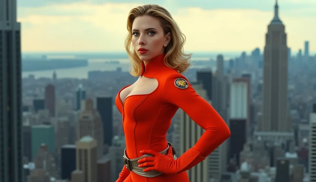 Scarlett Johansson dressed as a superhero on top of a building smiling in a sensual pose