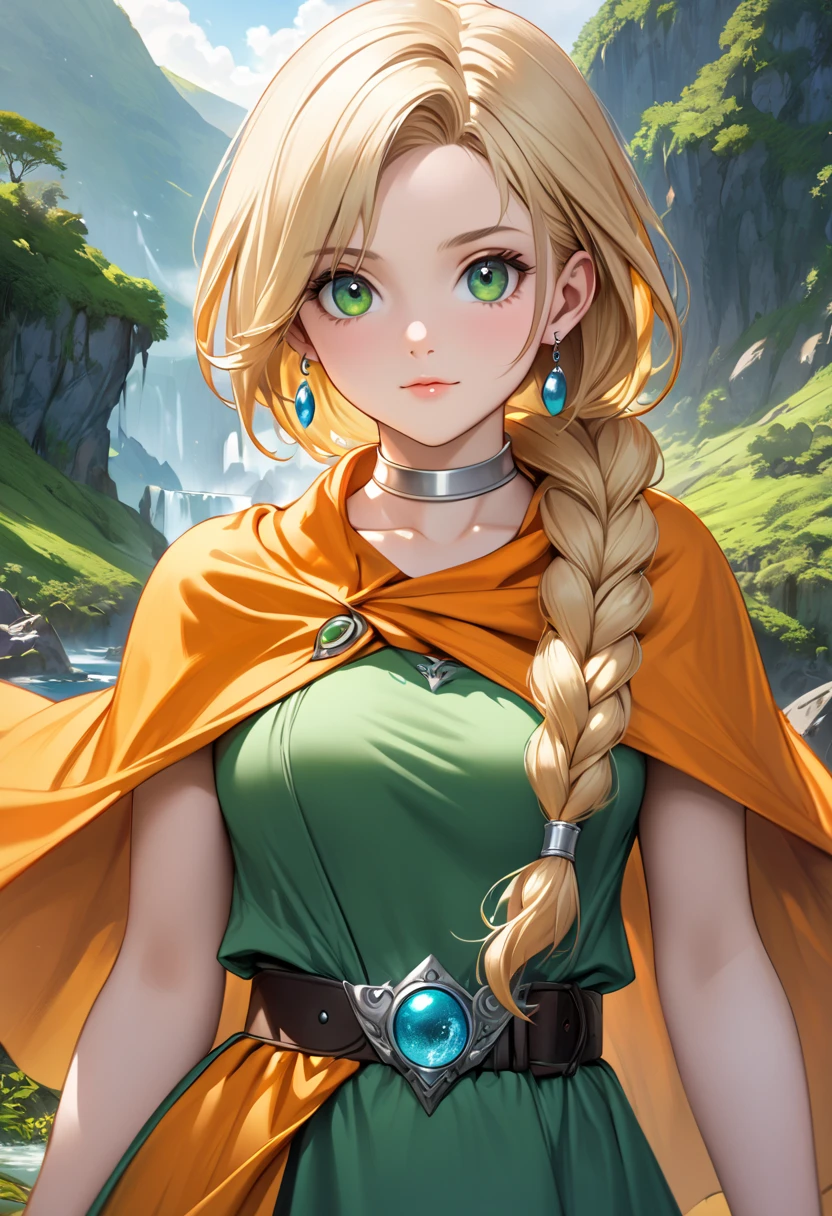 ultra-realism, illustrative realism, Epic fantasy art with magical creatures and lush landscapes, 1girl, solo, DQ Bianca, single braid, hair over shoulder, earrings, silver choker, orange cape, green dress, belt, from front, cowboy shot, looking at viewer, blonde hair, cute face in anime style, 