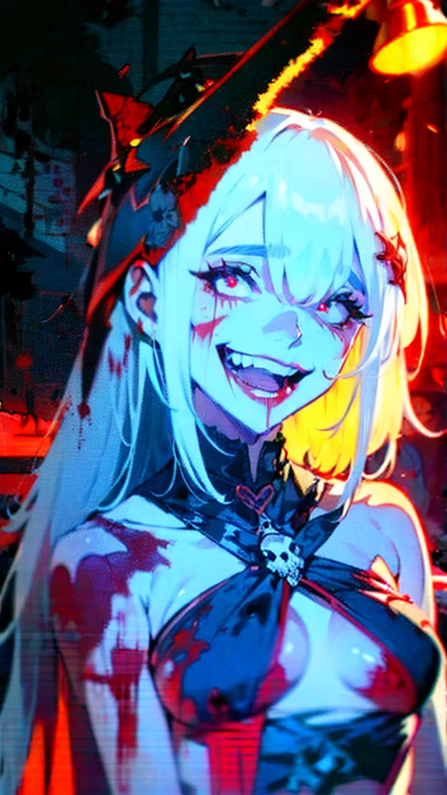  flat chest、 small breasts, multiple girls ,Frolicking Girl,  multiple women  , tea party, Crazy Smile ,  looks up at the ,Face shot,Scythe Face,Girl Monster  ,   slave, beautiful,  Detailed Portraits ,  Kind Face ,  Sharp Eye,   sharp fangs,   blue-white skin, Thick Chain,  dark background ,   movie lights,  dramatic shadow , gothic,   dark atmosphere , Dark fantasy,   one girl, ,   please open your mouth wide,   open your mouth and bare your teeth,Sharp teeth like a beast, Wide lips,  very big mouth,   red cheeks  , ,( Blood splatter :1.3),Scary face, Laughter　Witch design, Twisted Smile、Bloody、  blood is flowing from the head  ,、 Blood splatter 、,( Blood splatter :1.3),Crossbones,   skull bones,　,  horror style , (( fantasy witch costume  )), (( White Hair Flaps  )), ,( Blood splatter :1.3),Female Curves,   ,  thighs,   Sexy Flat Stomach  ,   perfect hand, perfect anime face, ((Dark Tadres)),   is standing, (( wicked smile)), ,( Blood splatter :1.3),Victorian city, Gas lamp  , Steam circulation, Moonlight Illumination,   Night Lighting,  sky filled with stars and galaxies ,disaster々New Devil Horns,,( Blood splatter :1.3),アニメゾンビWitch design, Twisted Smile、Bloody、  blood is flowing from the head  ,、 Blood splatter 、,( Blood splatter :1.3),Crossbones,   skull bones,
