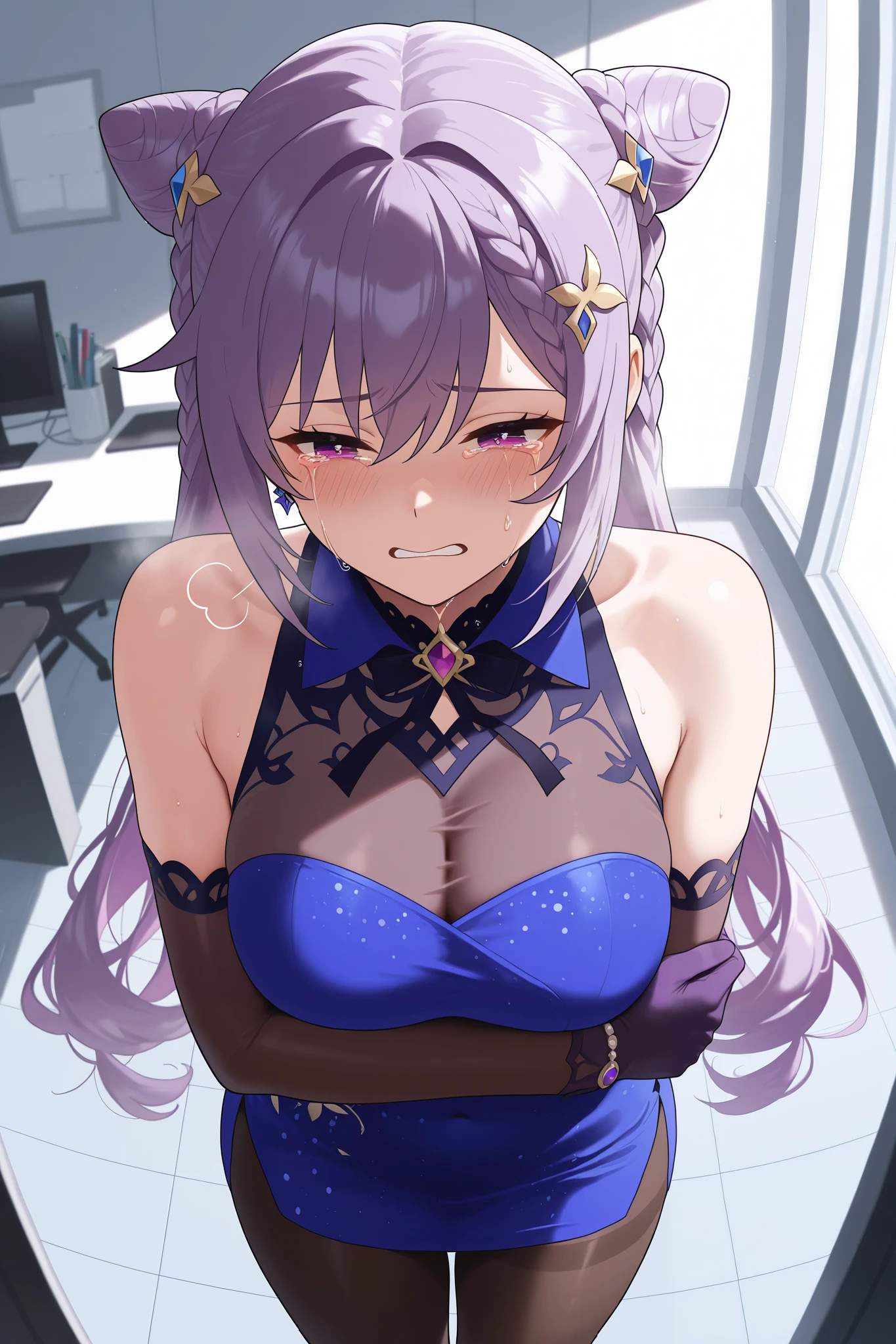 NSFW,masterpiece, top quality, high definition, very detailed,Keqing、 braids、コーンHair Bun、Hair Bun、 hair ornament、 Long Hair 、 purple eyes、 purple hair, Exposed Shoulders、 black pantyhose、Sleeveless、 dress、gloves,Office, crying face, exhaustion, I'm tired, sigh