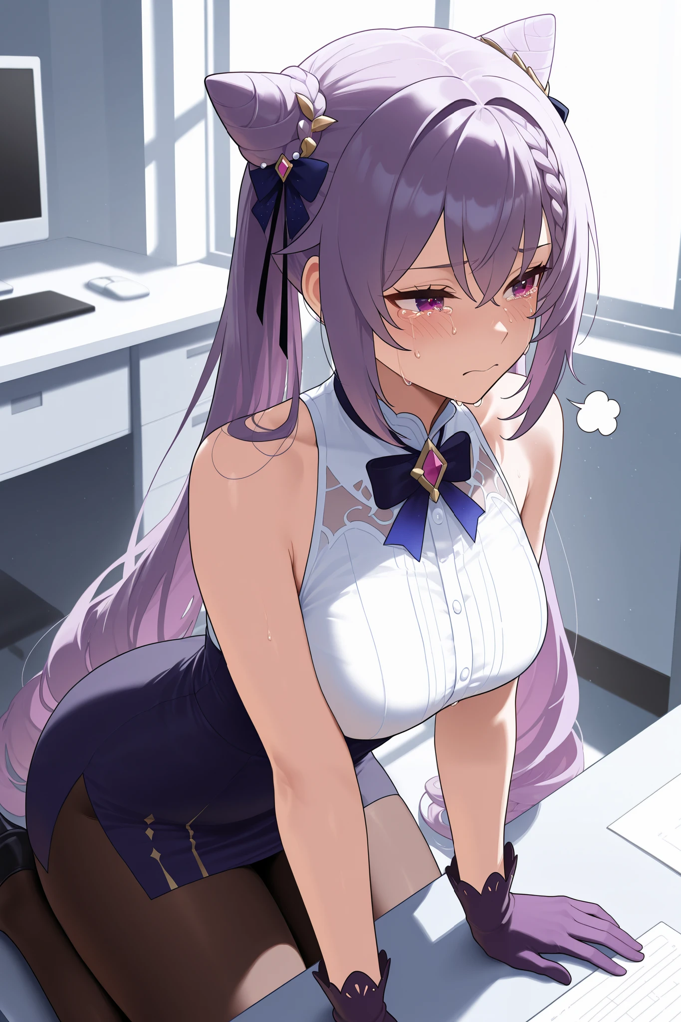 NSFW,masterpiece, top quality, high definition, very detailed,Keqing、 braids、コーンHair Bun、Hair Bun、 hair ornament、 Long Hair 、 purple eyes、 purple hair, Exposed Shoulders、 black pantyhose、Sleeveless、 dress、gloves,Office, crying face, exhaustion, I'm tired, sigh