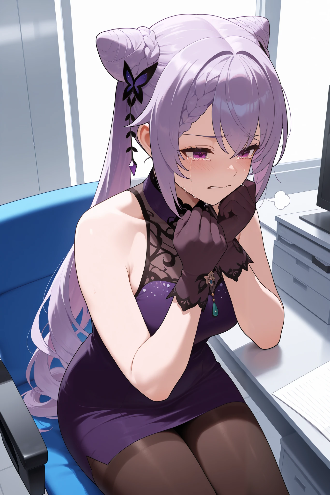 NSFW,masterpiece, top quality, high definition, very detailed,Keqing、 braids、コーンHair Bun、Hair Bun、 hair ornament、 Long Hair 、 purple eyes、 purple hair, Exposed Shoulders、 black pantyhose、Sleeveless、 dress、gloves,Office, crying face, exhaustion, I'm tired, sigh