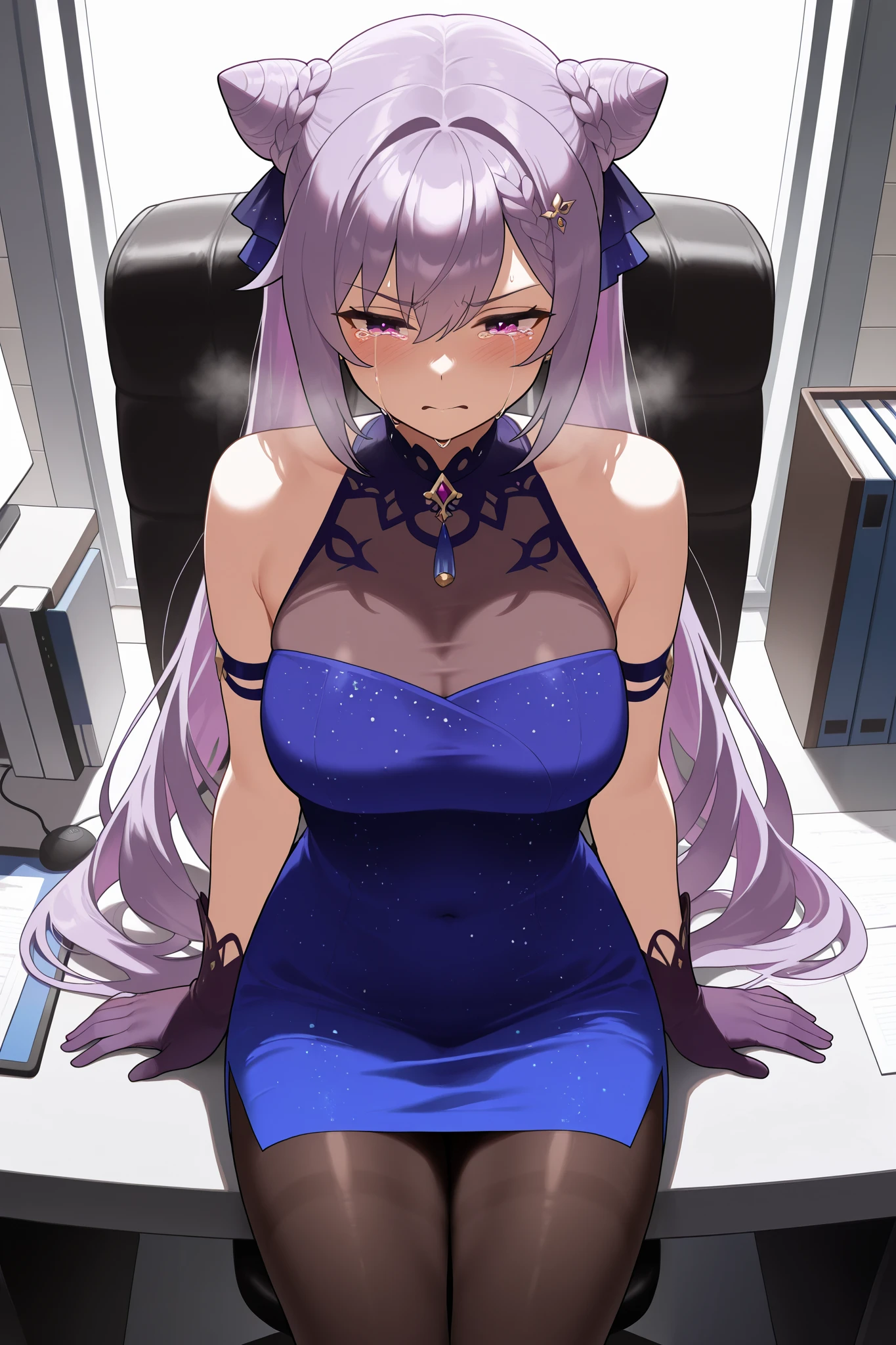 NSFW,masterpiece, top quality, high definition, very detailed,Keqing、 braids、コーンHair Bun、Hair Bun、 hair ornament、 Long Hair 、 purple eyes、 purple hair, Exposed Shoulders、 black pantyhose、Sleeveless、 dress、gloves,Office, crying face, exhaustion, I'm tired, sigh