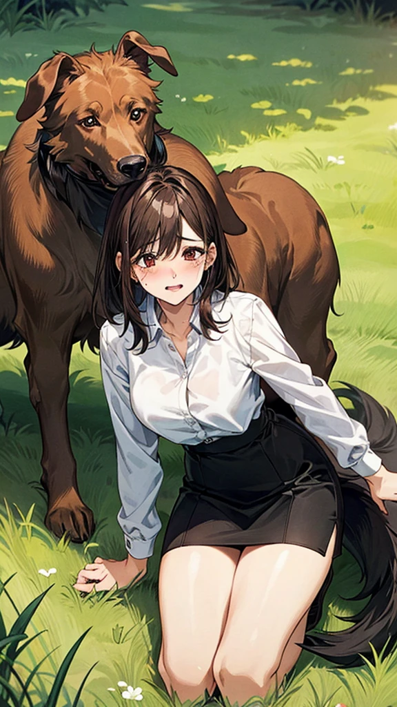 (masterpiece:1.3, top-quality), ultra high res, ultra detailed, (realistic, photorealistic:1.4), beautiful illustration, perfect lighting, colorful, depth of fields, 
looking at viewer, (face focus, upper body), 1 girl, solo, hight school girl, gravure model, (large breasts:0.8, large ass, seductive thighs, skindentation),
(long hair:1.2, straight hair:1.2, (saddle-brown colored) hair), swept bangs, (brown) eyes, drooping eyes, big eyes, shiny skin, slender, 
beautiful hair, beautiful face, extremely detailed face, beautiful detailed eyes, beautiful clavicle, beautiful body, beautiful chest, beautiful thigh, beautiful legs, beautiful fingers, 
(detailed cloth texture, In the grass of a meadow, a girl stands, slightly, legs open. A complete body. Complete hands and legs. Thin waist.

Her face, bright red, flush and shy.
You can see her nipples standing out, even through her shirt. Her breasts are so large that you can see them even through the top of her shirt. （The skirt is shorter than normal, but it is a very short mini-pleated skirt that almost reveals her panties.)The girl has brown hair.


(The skirt is extremely short.) grey plaid tie, collared long sleeve white shirt, grey plaid pleated skirt), black socks, white panties, 
(beautiful scenery), (A woman is on all fours in a grassy field. A woman is carrying a large dog on her back.) A complete body. Perfect hands and legs.

Her face, bright red, flush and shy.
Her large breasts and nipples are standing out, even through the top of her shirt. （The skirt is shorter than normal, but even shorter, so short that you can almost see her panties.)The girl has brown hair.

(The skirt is extremely short.) The girl's hair is brown.