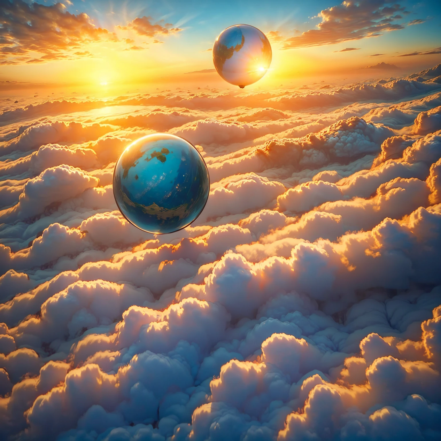 8K quality,(masterpiece:1.3), top quality, detailed images,unmanned, Above the Clouds,Floating(One perfect sphere is floating(A planet with only blue water)),background( golden gradation,Sunset gradation).