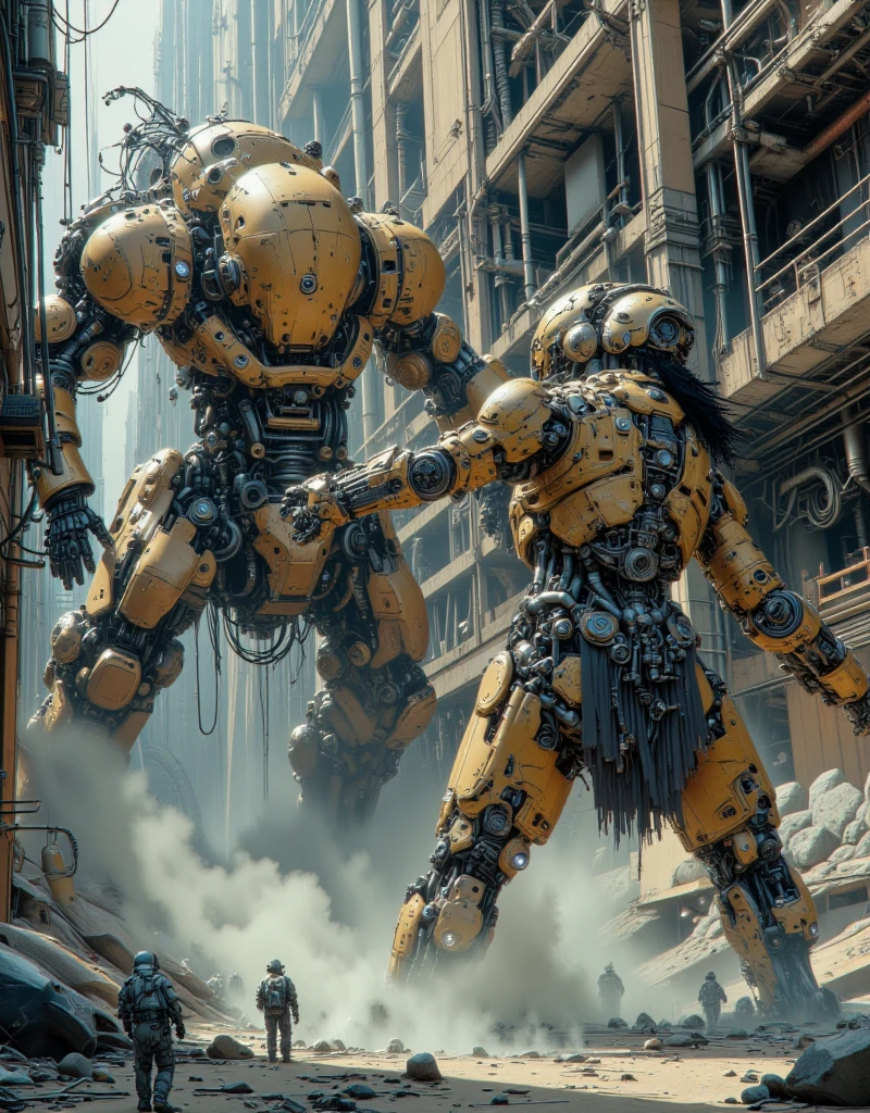 full body shot, (Battle between gladiator robots, all mechanized and made of metal:1.5),((Fierce mecha-ninja woman:1.3)), Mechanic with covered body, A woman in a futuristic mecha-ninja suit, highly detailed mechanical textures, intricate mechanical parts, (complex machinery:1.2), industrial setting, gritty cyberpunk atmosphere, dramatic lighting, (cinematic composition:1.1), (photorealistic,ultra-detailed,8k,best quality,highres:1.37)