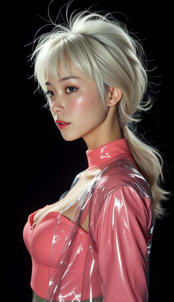  Close-up from waist to head :
 A beautiful young Korean woman . 
medium hair, White color, spiky, up, bright, fluttering. 
 Crystal gray eyes , expressive, obfuscating, incandescent,  pencils around . 
 full lips , cor rosa bright com porpurina.
thin neck.
 Medium and pointed breasts .
 Subtly defined belly . 
Expression of euphoria , tiredness, happiness. 
 Plastic jacket , Open, Chameleon color,  stormtrups hoodie . 
Pink top , Tight,  showing the entire contour and volume of the breasts.
 Military style pants .
profile view. 
 Simple black background .