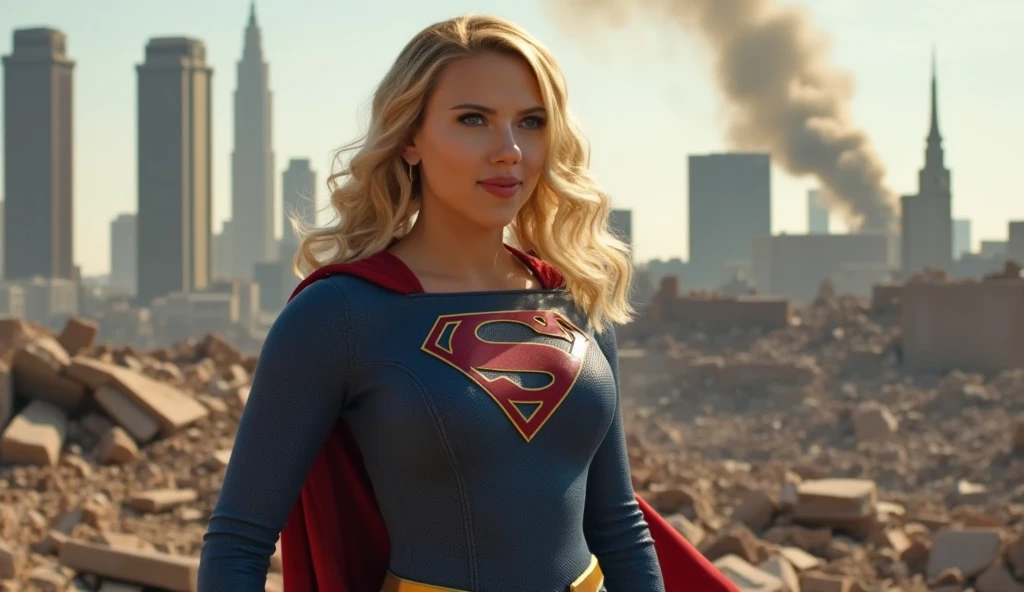 Scarlett Johansson dressed as Supergirl amidst a city in destruction smiling in a sensual pose