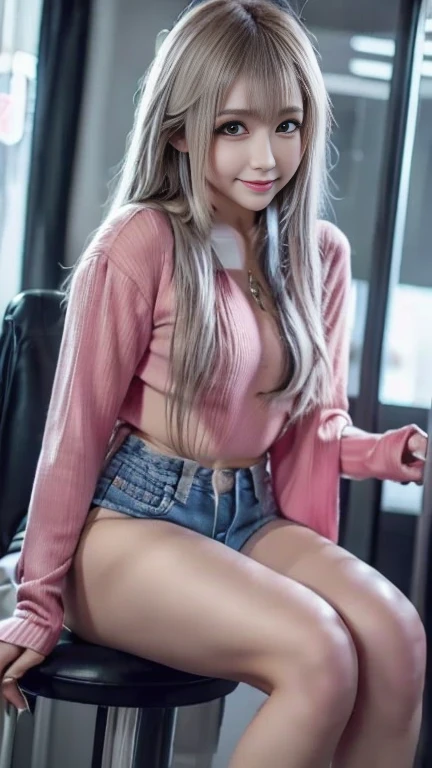   best quality , Masterpiece, Ultra-High-Resolution, ( photorealistic:1.4), Original photo,  very detailed, Perfect physique, 2 girls outside, 18 years or older,  the most famous Japanese idol , I'm sitting and eating fast food with my legs open , ,  wearing denim hot pants and a pink camisole with a cute design,  very cute face like a popular Japanese actress ,  Detail very beautiful big black round eyes ,  Extremely Beautiful Blonde Shortcut ,  extremely beautiful and realistic skin ,  very beautiful thighs ,  Detail very beautiful body with attention to detail ,  very beautiful thighs の詳細, Detail denim hot pants , 