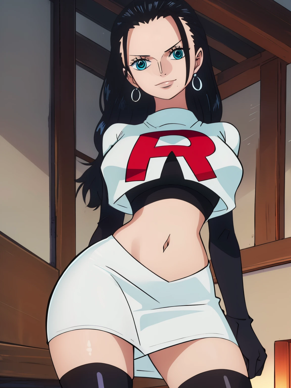 nicorob, slicked back hair long hair, (black hair:1.5), blue eyes ,earrings, glossy lips ,team rocket uniform, red letter R, white skirt,white crop top,black thigh-high boots, black elbow gloves, evil smile, sexy poses