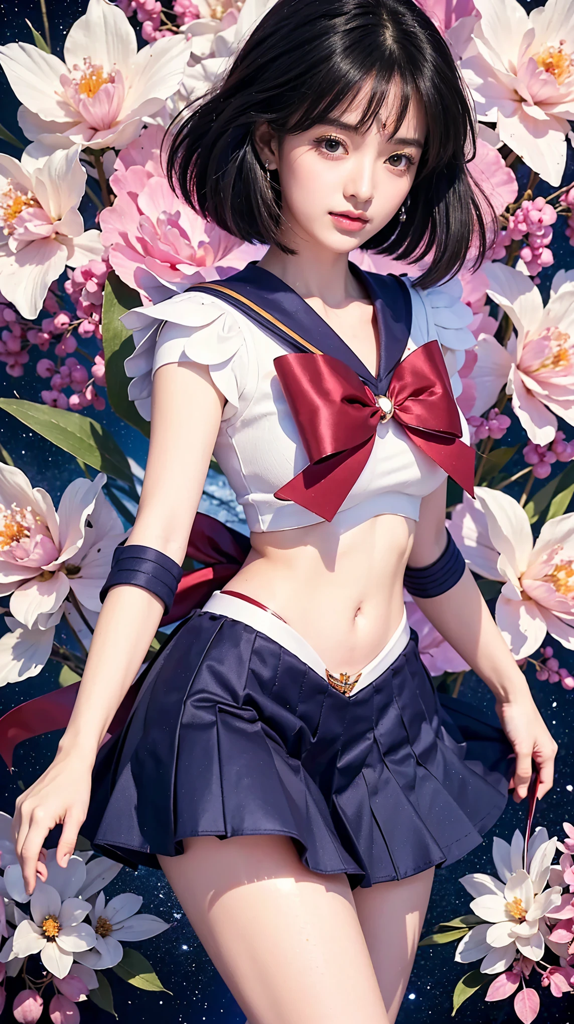 Sailor Saturn, sailor senshi uniform, (sailor saturn:1.8), ulzzang-6500-v1.1, pureerosface_v1, best quality, masterpiece, illustration, (realistic, photo-realistic:1.37), amazing, fine details, extraordinarily absurd resolution, large file size, ultra-detail, high resolution, CG unity 8k wallpaper yang sangat detail, beautiful girl ((Emphasis on thighs)), 1 girl, dark blue hair, short hair, dark blue eyes, detailed eyes, large pupil lens, focused on the girl, alone, Standing, Hotaru Tomoe, portrait, full body, (Masterpiece:1.0), (best quality:1.0), (8k wallpaper:1.0), (detailed beautiful face:1.0), (detailed deep eyes), young woman, large and firm breasts, big chest, midriff top, (((navel visible))), curvy waist, tight dark blue necklace (with an 8-point star decoration in the center in silver), small silver star earrings, deep-set eyes, looking at the camera, Sailor Scout, dark red ribbon on the chest (with an 8-pointed silver star decoration in the middle of the ribbon), dark blue skirt (super short mini skirt), body curves visible, small gold crown on the forehead, long white gloves (dark blue cuffs wrapped like bracelets), legs exposed, feminine body, natural make-up, thin lips, shiny red lips, smooth white skin, slightly sweaty shiny skin, super small mole on the left chin, realistic.