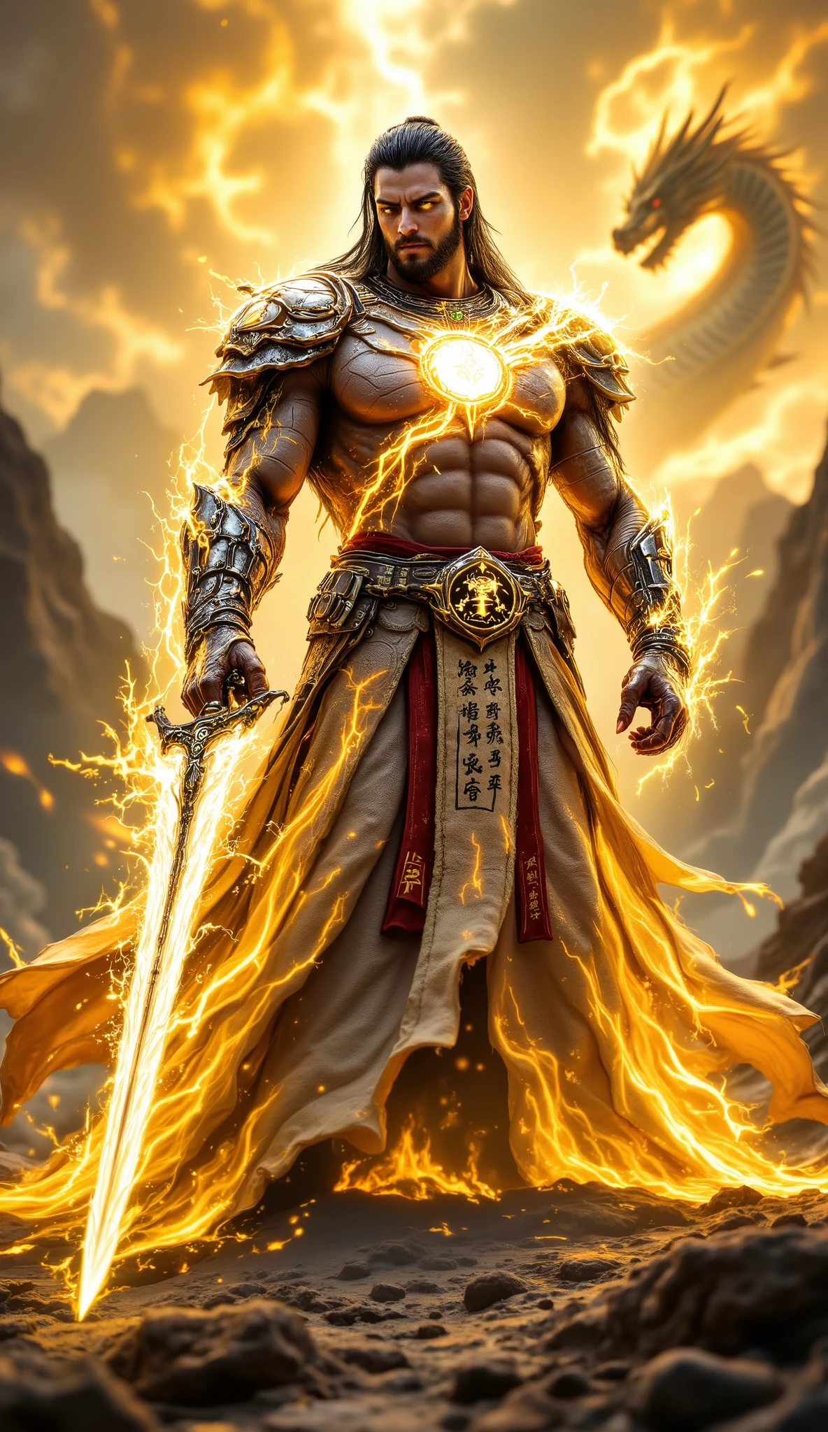Fusion Hybrid: China + Huang Di (Titan of Civilization and Harmony)
Character Design:
A towering, muscular titan stands as the embodiment of ancient wisdom and boundless strength. His skin glows with a golden hue, as if illuminated by the first rays of dawn. His form is adorned with intricately layered dragon-scaled armor, shimmering with shades of gold, crimson, and jade. Each scale is engraved with ancient Chinese symbols and constellations, with Libra—symbolizing balance and harmony—etched prominently on his massive chestplate. His posture exudes regal authority, blending the serenity of a philosopher and the might of a warrior.
Headgear and Aura:
A radiant, dragon-shaped crown sits atop his head, its emerald eyes glowing faintly. His long black hair flows like a silk river, trailing down his shoulders and blending with the golden energy that swirls around him. His aura radiates calm yet overwhelming power, with swirling clouds of gold and red energy forming dragons that spiral outward before dissolving into light.
Weapons:
In his right hand, he wields the Celestial Blade of Order, a massive sword forged from jade and infused with celestial fire. Its blade hums with energy, and its edge glows faintly with inscriptions of ancient wisdom. In his left hand, he carries the Staff of Harmony, a golden rod topped with a glowing dragon orb, symbolizing his mastery over the balance between destruction and creation.
Cape and Accessories:
A long cape of translucent silk flows behind him, embroidered with shifting images of the Great Wall, ancient Chinese temples, and cosmic dragons soaring among the stars. Around his neck, he wears a glowing jade amulet carved into the shape of a dragon, radiating protective energy. His waist is cinched with a golden sash tied with tassels that resemble flowing flames.
Background:
The titan stands at the summit of a mist-covered mountain, overlooking an endless expanse of golden clouds. In the distance, a massive dragon spirals through