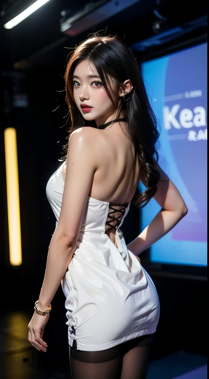 1girl,bangs,bare arms,collar,maxi white lace cheongsam,detailed background,detailed eyes,brown hair,earrings,upper body,jewelry,slim,bare back,ponytail,looking at viewer,makeup,night scene,red lips,signature,laughing,solo,standing,On the T-stage,catwalk,fashion show,Surrounded by crowded crowds on both sides of the stage,neon lights,from back,butt crack,towering hips