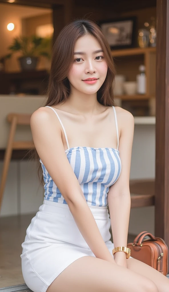 Thai woman, good figure, looking at the viewer, little smile, bright skin, brown hair, beautiful legs, light blue and white stripe strapless shirt, white short skirt, gold small watch, brown handbag, sitting pose, in front of korean style cafe, UHD, 8K, Sony a7 IV, whole body